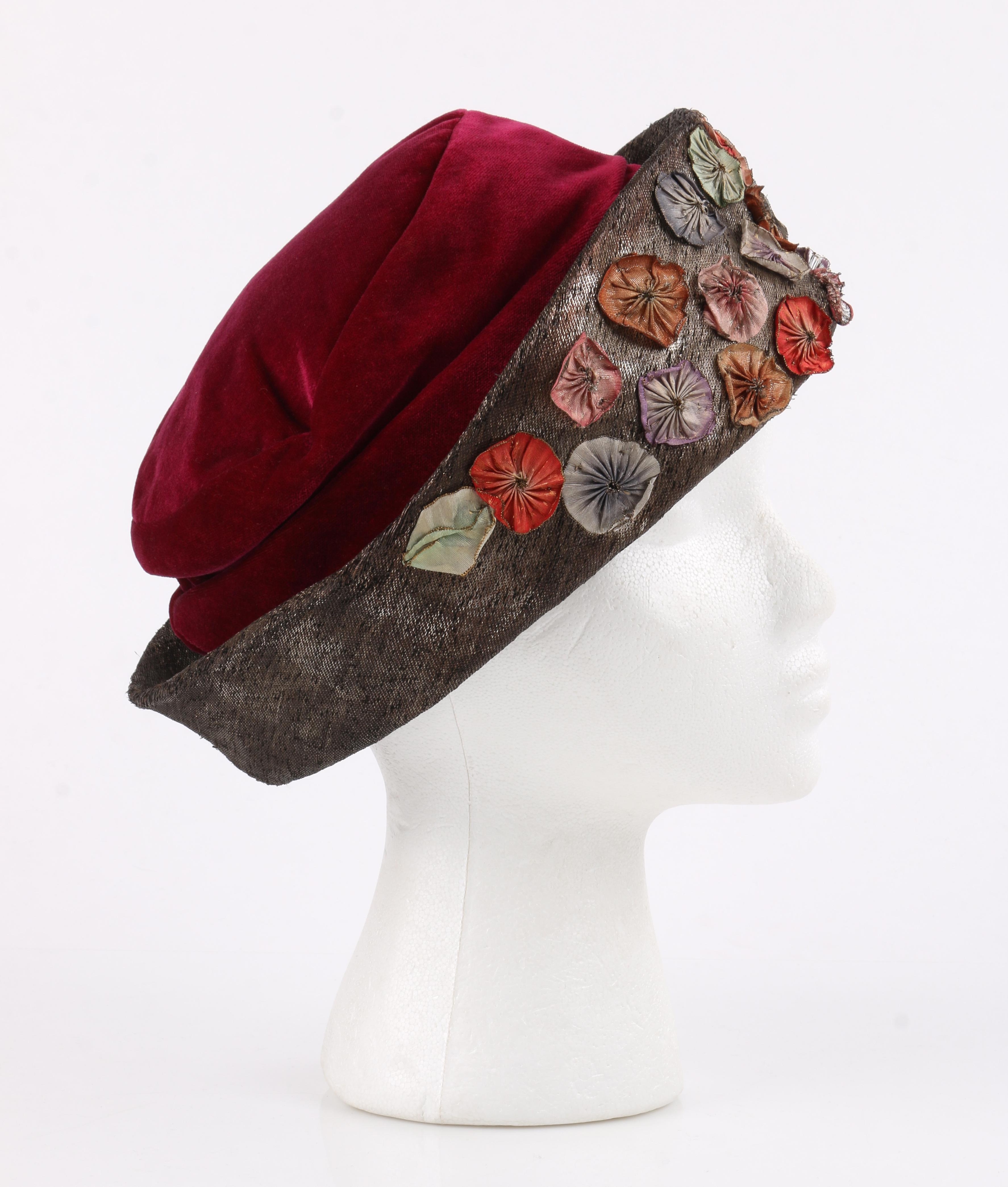 Brown Millinery Couture c.1920s Wine Red Velvet Metallic Flower Embellished Cloche Hat