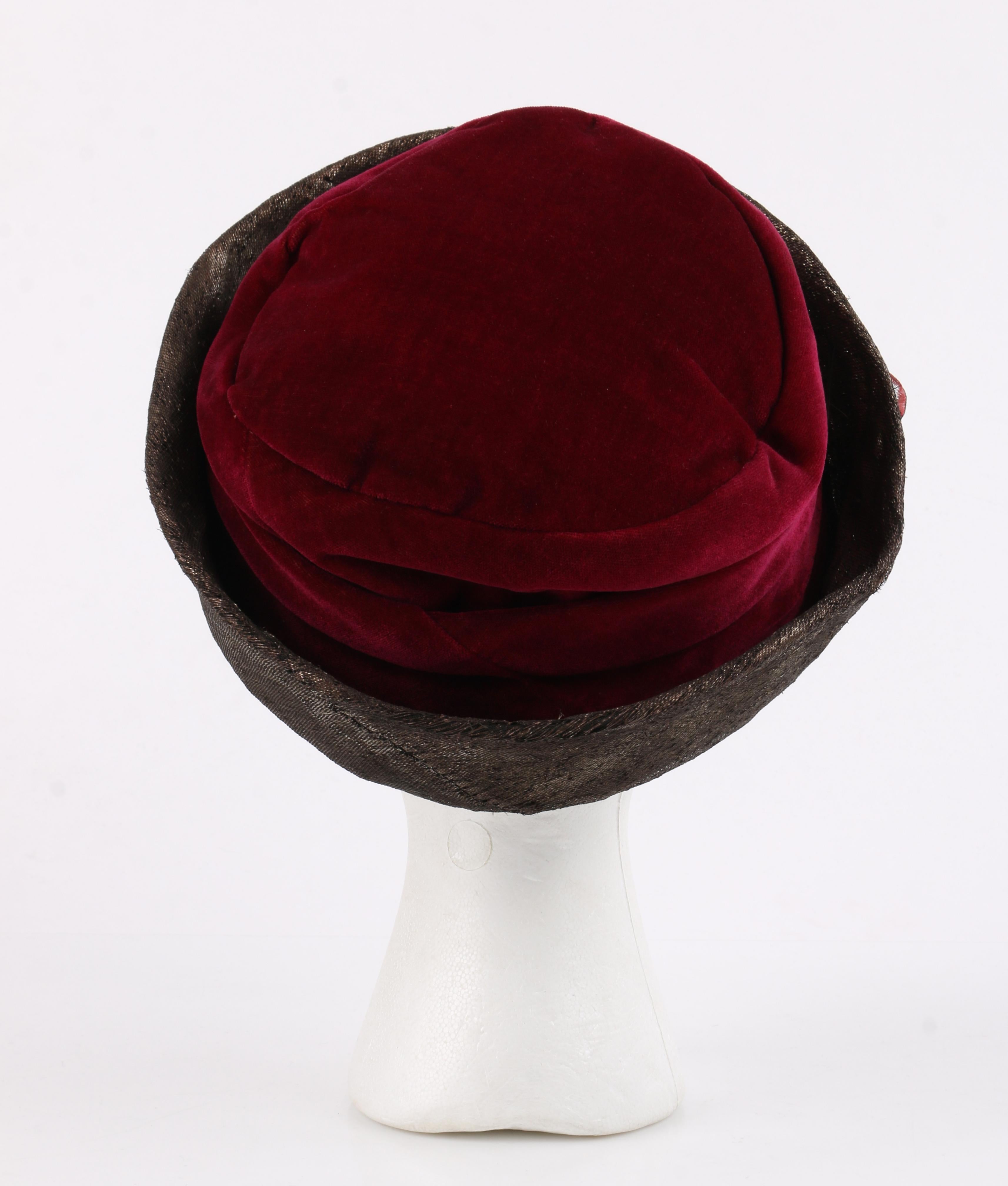 Millinery Couture c.1920s Wine Red Velvet Metallic Flower Embellished Cloche Hat In Fair Condition In Thiensville, WI