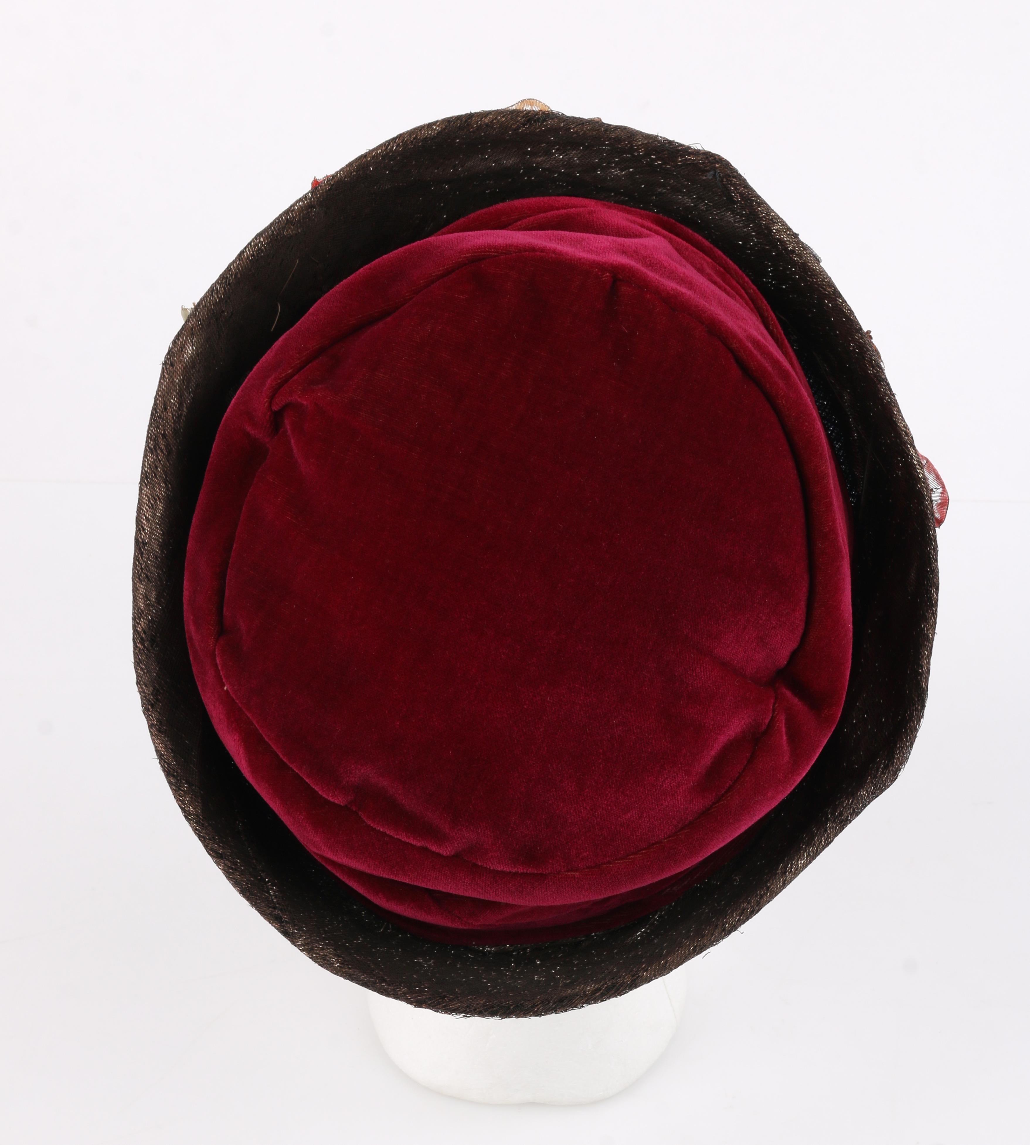 Women's Millinery Couture c.1920s Wine Red Velvet Metallic Flower Embellished Cloche Hat