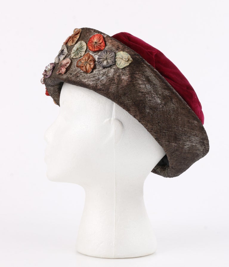 Millinery Couture c.1920s Wine Red Velvet Metallic Flower Embellished Cloche Hat 2