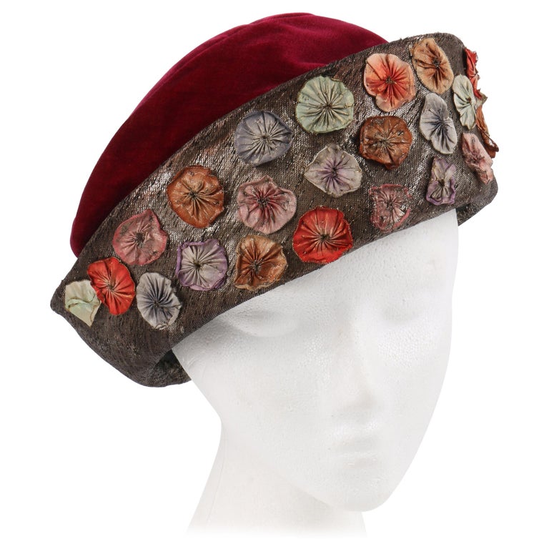 Millinery Couture c.1920s Wine Red Velvet Metallic Flower Embellished Cloche Hat
