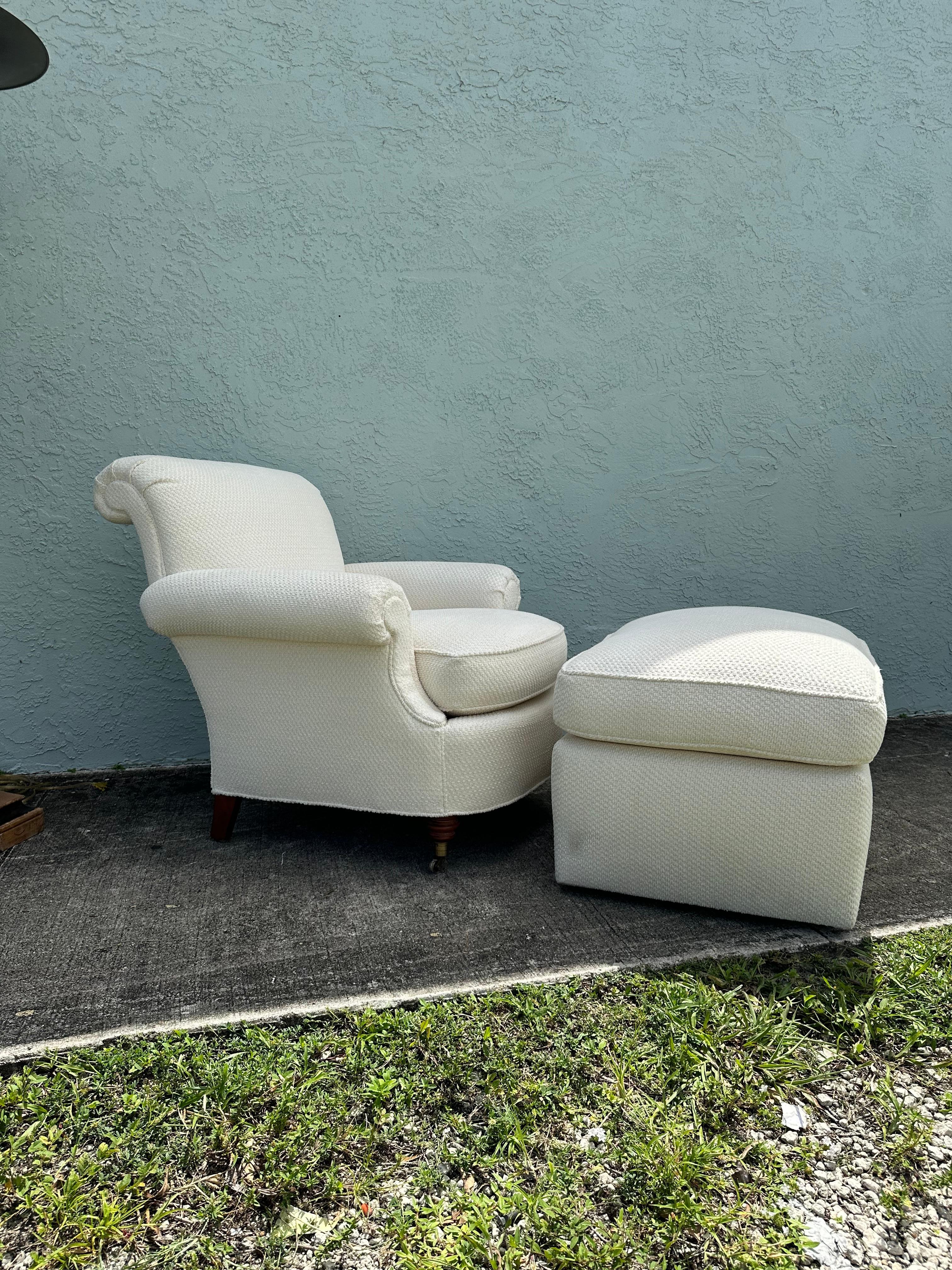 The beautiful rare collection is statement piece which is also extremely comfortable and packed with personality! We are delighted to offer for sale this absolutely stunning, light beige signature armchair with matching run up large ottoman, both