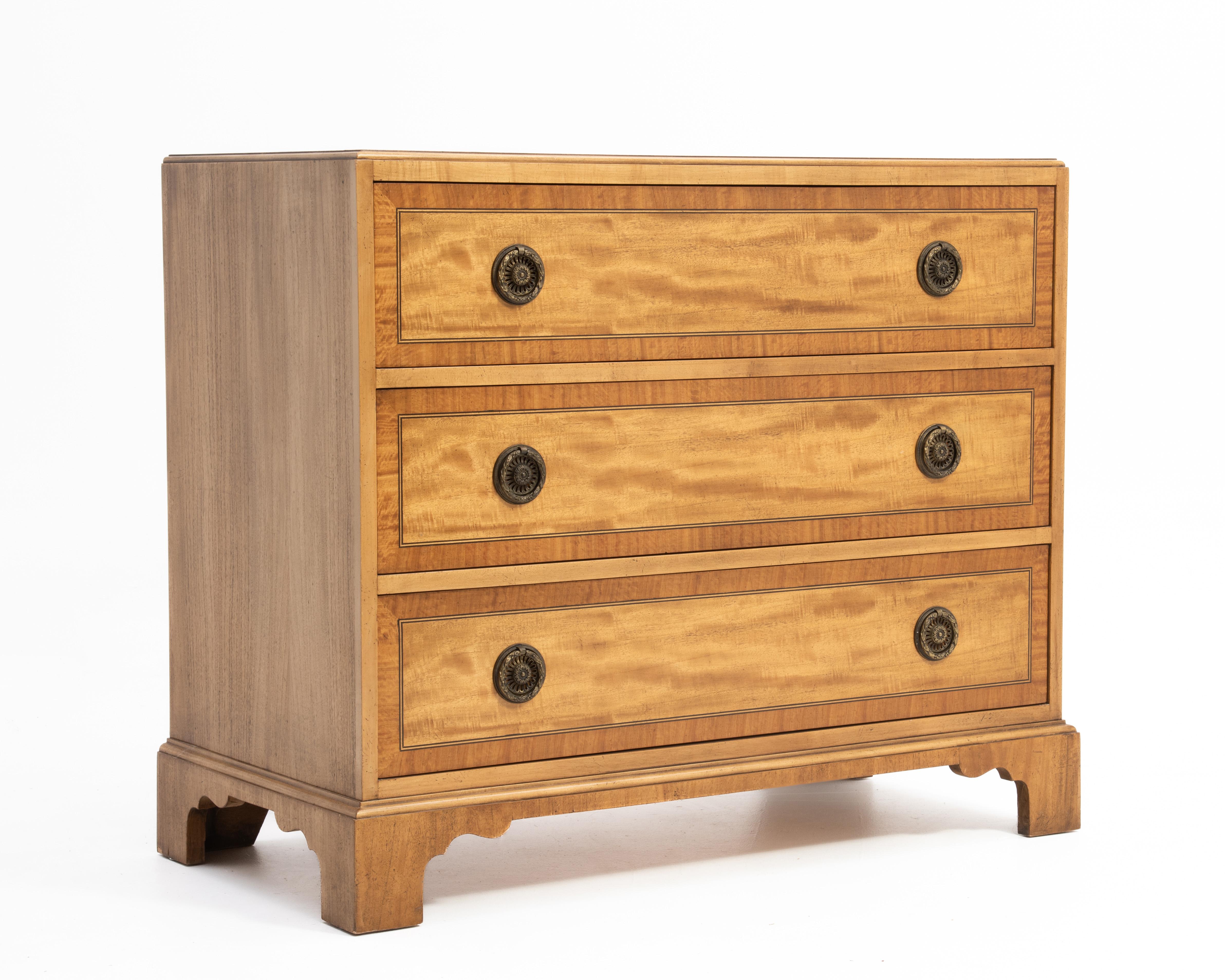 Regency Milling Road Three Drawer Commode Bachelor Chest Banded Mahogany Maple Satinwood