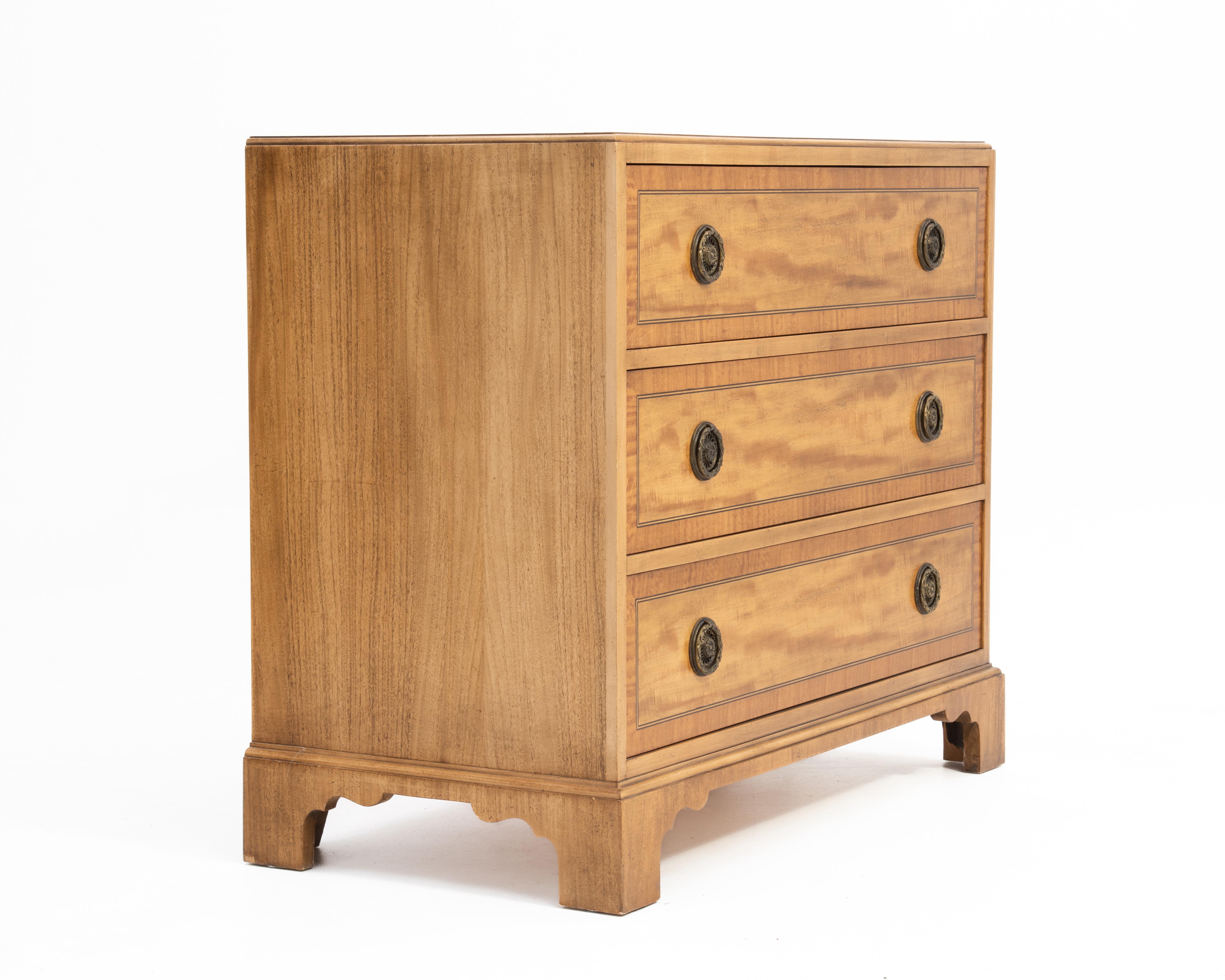 American Milling Road Three Drawer Commode Bachelor Chest Banded Mahogany Maple Satinwood