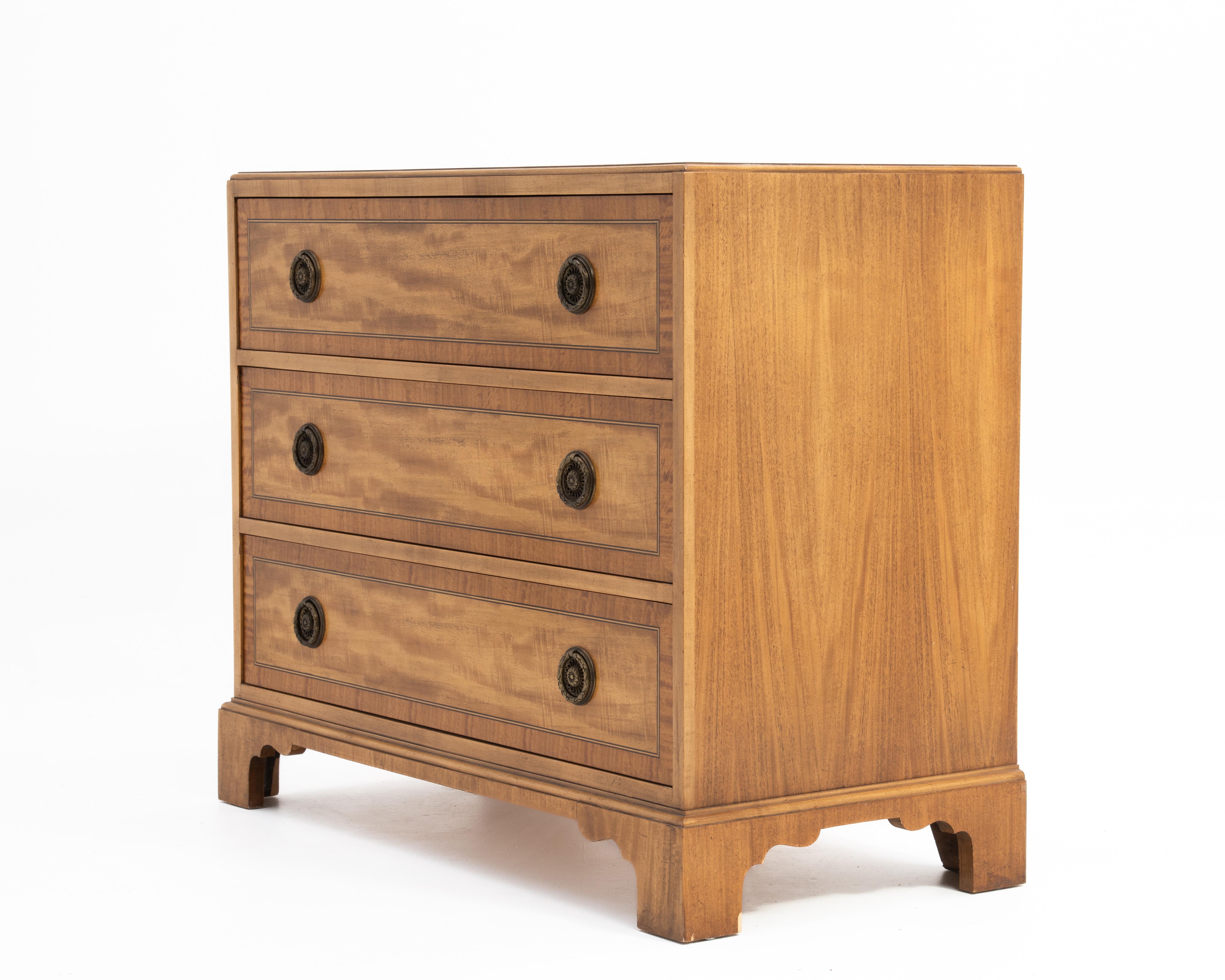 Mid-20th Century Milling Road Three Drawer Commode Bachelor Chest Banded Mahogany Maple Satinwood
