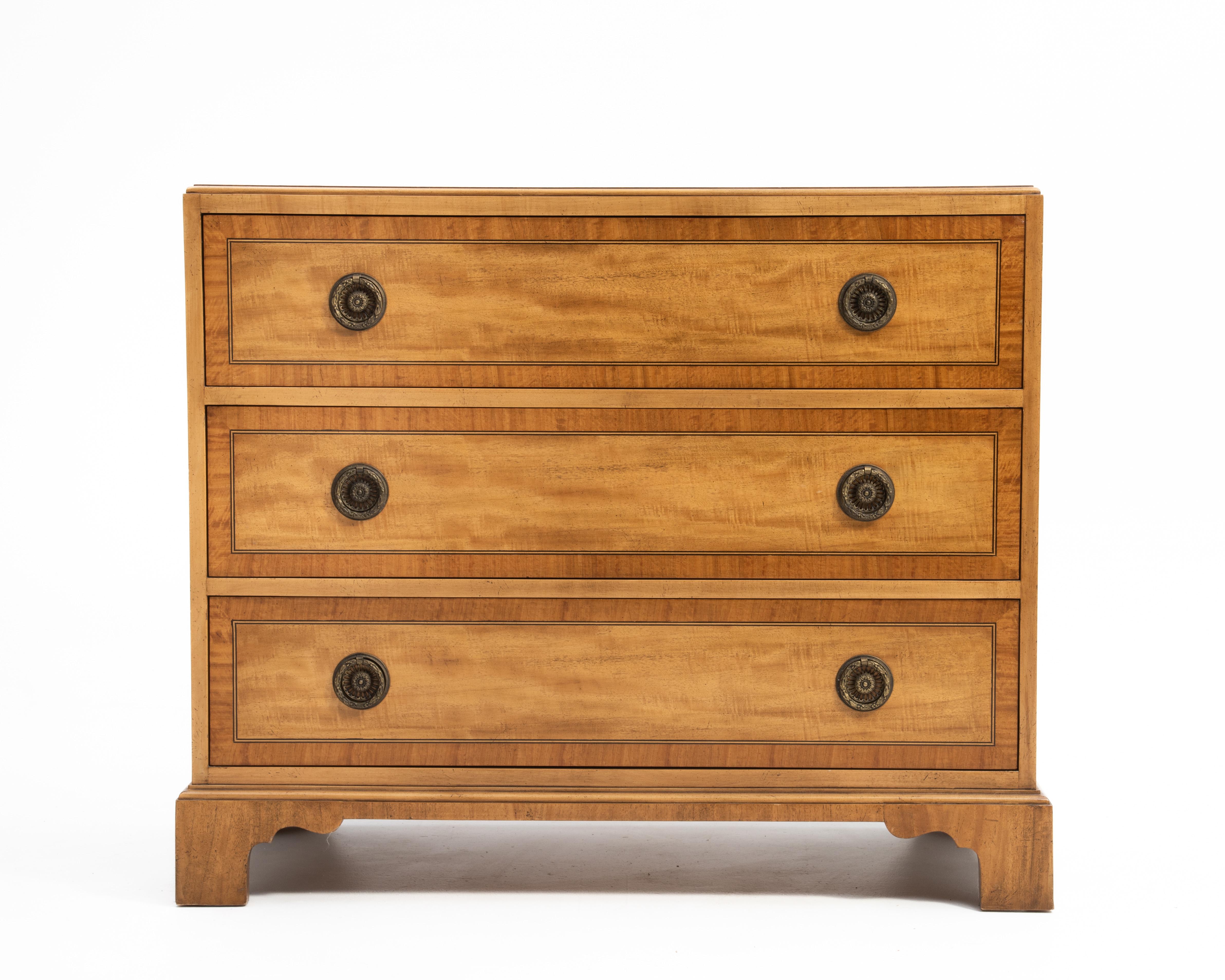 Metal Milling Road Three Drawer Commode Bachelor Chest Banded Mahogany Maple Satinwood