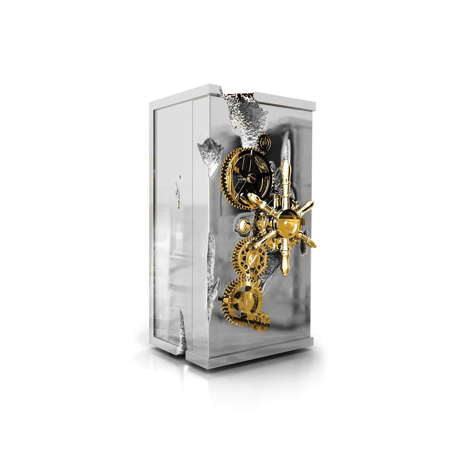 Influenced by the California Gold Rush, the Millionaire Safe is a statement piece designed to cause an impression. Built in a Mahogany structure and gold-plated polished brass frame with several dents, it sparks both interest and imagination