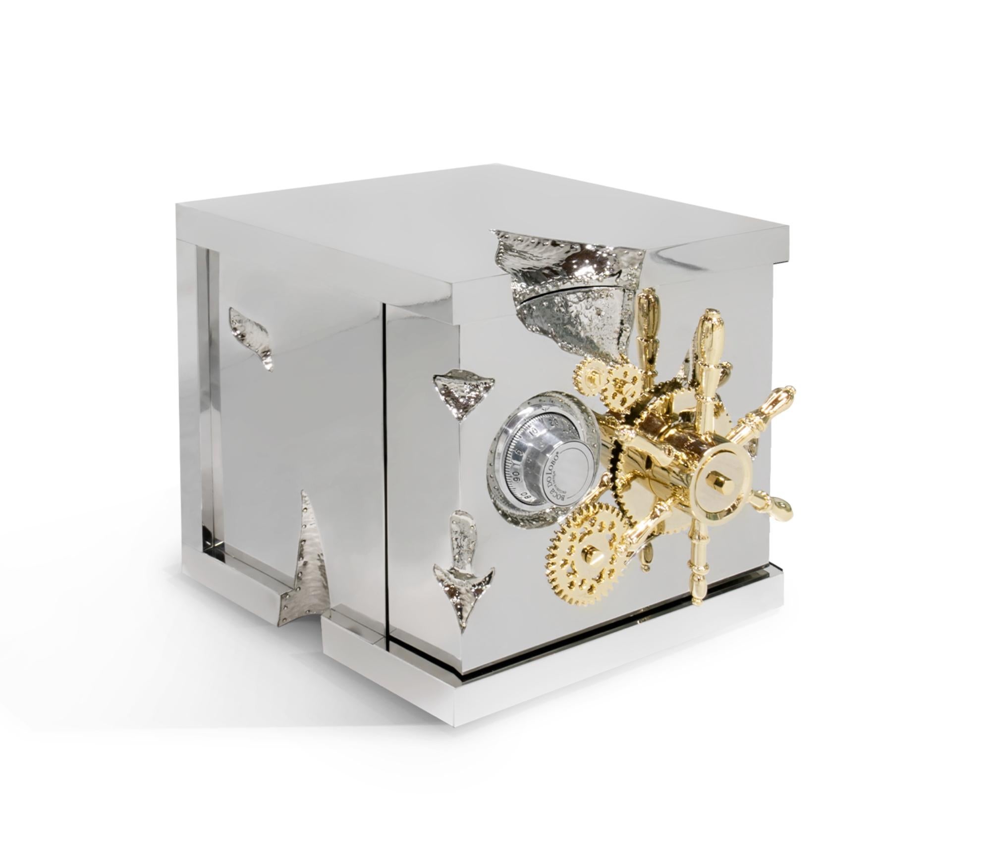 A small and portable version of the Millionaire Safe, the Millionaire Jewelry Safe is a statement piece influenced by the California Gold Rush and designed to cause an impression. Built in a gd-plated polished brass frame with dents that spark both