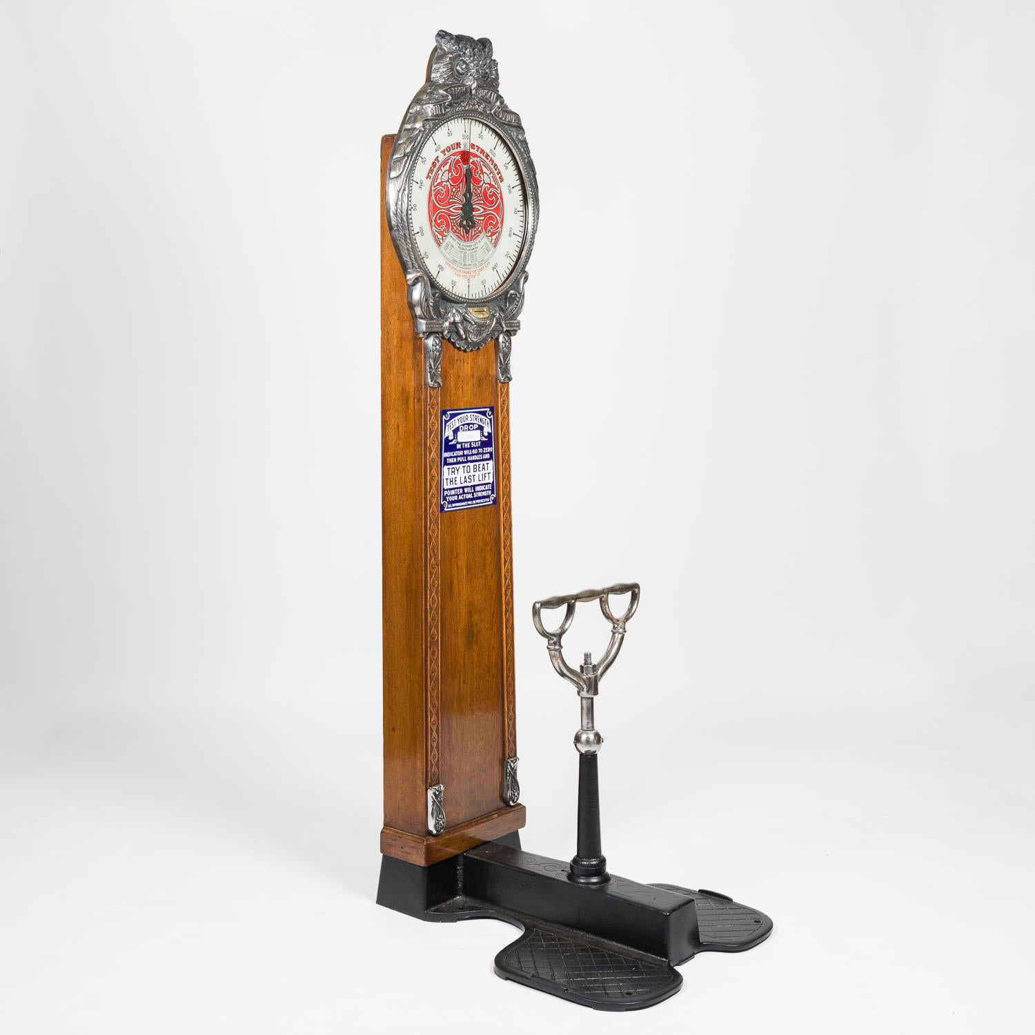 Mills Novelty Co. owl strength lifter “Mills Perfect Muscle Developer” Chicago, circa 1905.

Coin operated with an old bronze penny. 

 

Dial marked:

TEST YOUR STRENGTH - THE ARROW SHOWS THE LAST LIFT CAN YOU BEAT IT 

Blue and white enamel