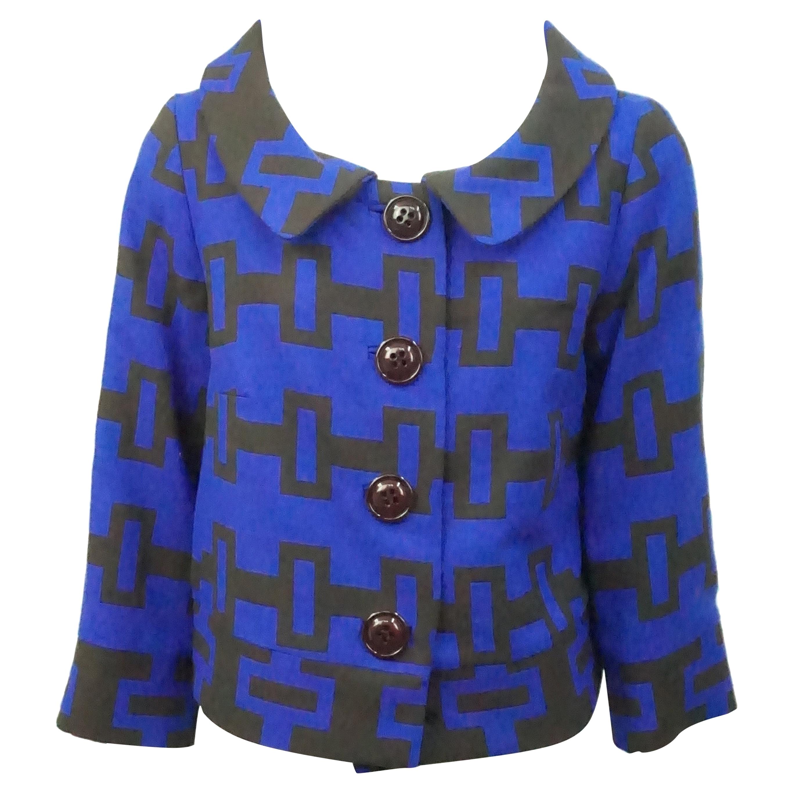 Milly Blue and Brown Geometric Print Wool Crop Jacket-8