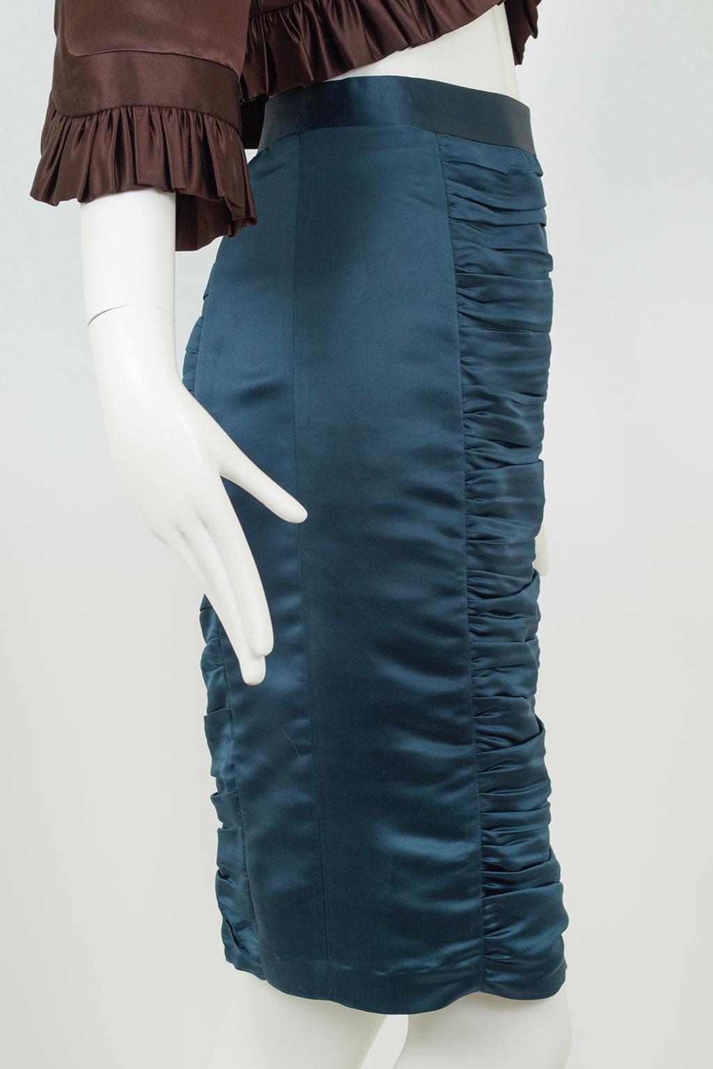 Milly Brown Satin Cone Bra Bolero und Petrol Ruched Pencil Skirt Anzug - XS, 2002 im Angebot 7