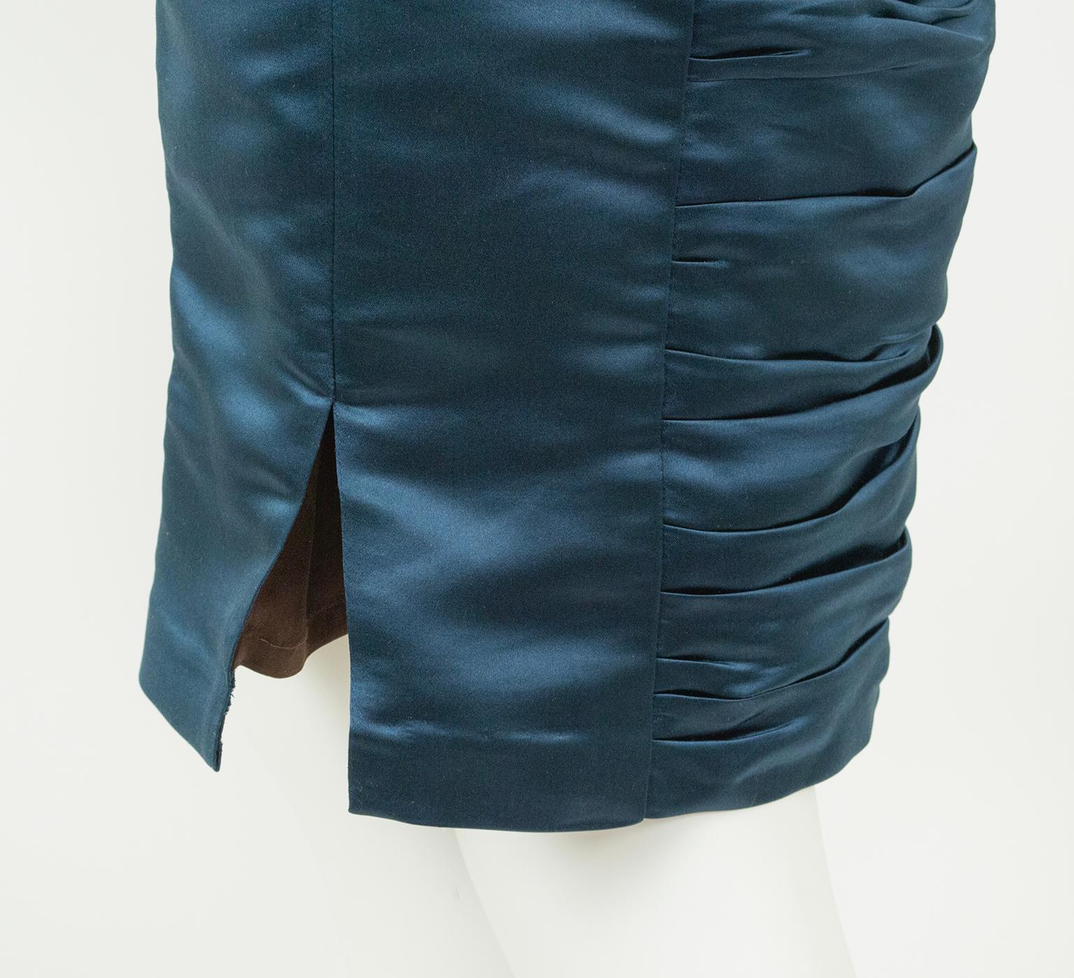 Milly Brown Satin Cone Bra Bolero and Petrol Ruched Pencil Skirt Suit - XS, 2002 For Sale 10
