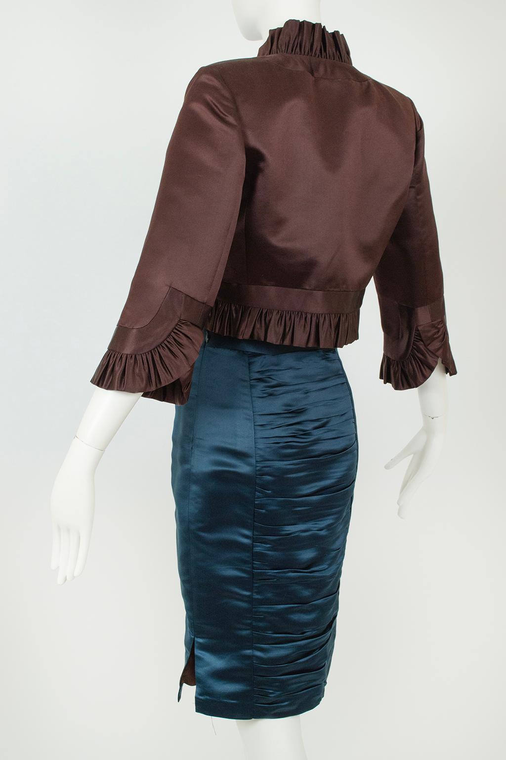 Milly Brown Satin Cone Bra Bolero und Petrol Ruched Pencil Skirt Anzug - XS, 2002 Damen im Angebot