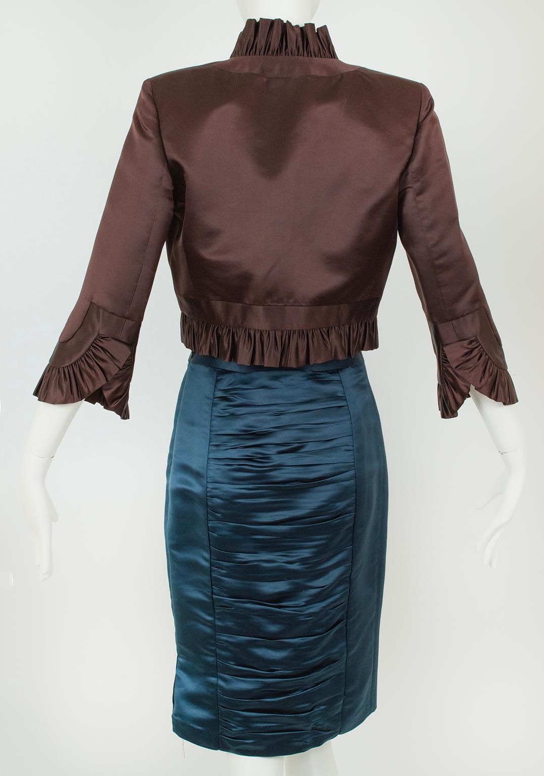 Milly Brown Satin Cone Bra Bolero und Petrol Ruched Pencil Skirt Anzug - XS, 2002 im Angebot 1