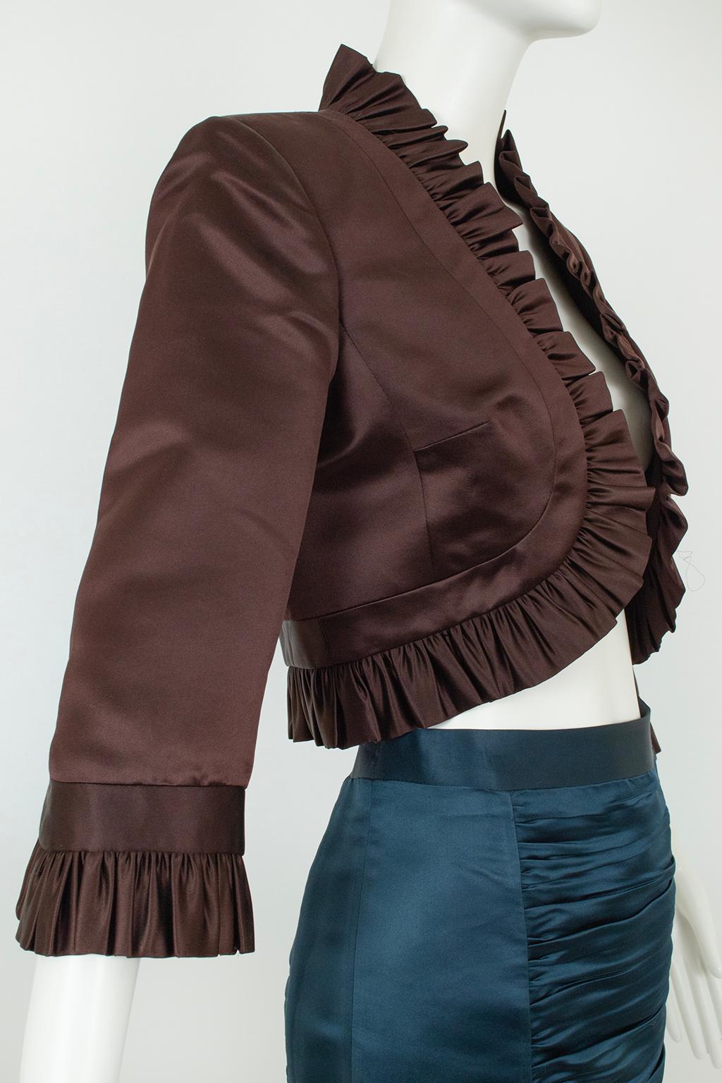 Milly Brown Satin Cone Bra Bolero und Petrol Ruched Pencil Skirt Anzug - XS, 2002 im Angebot 3