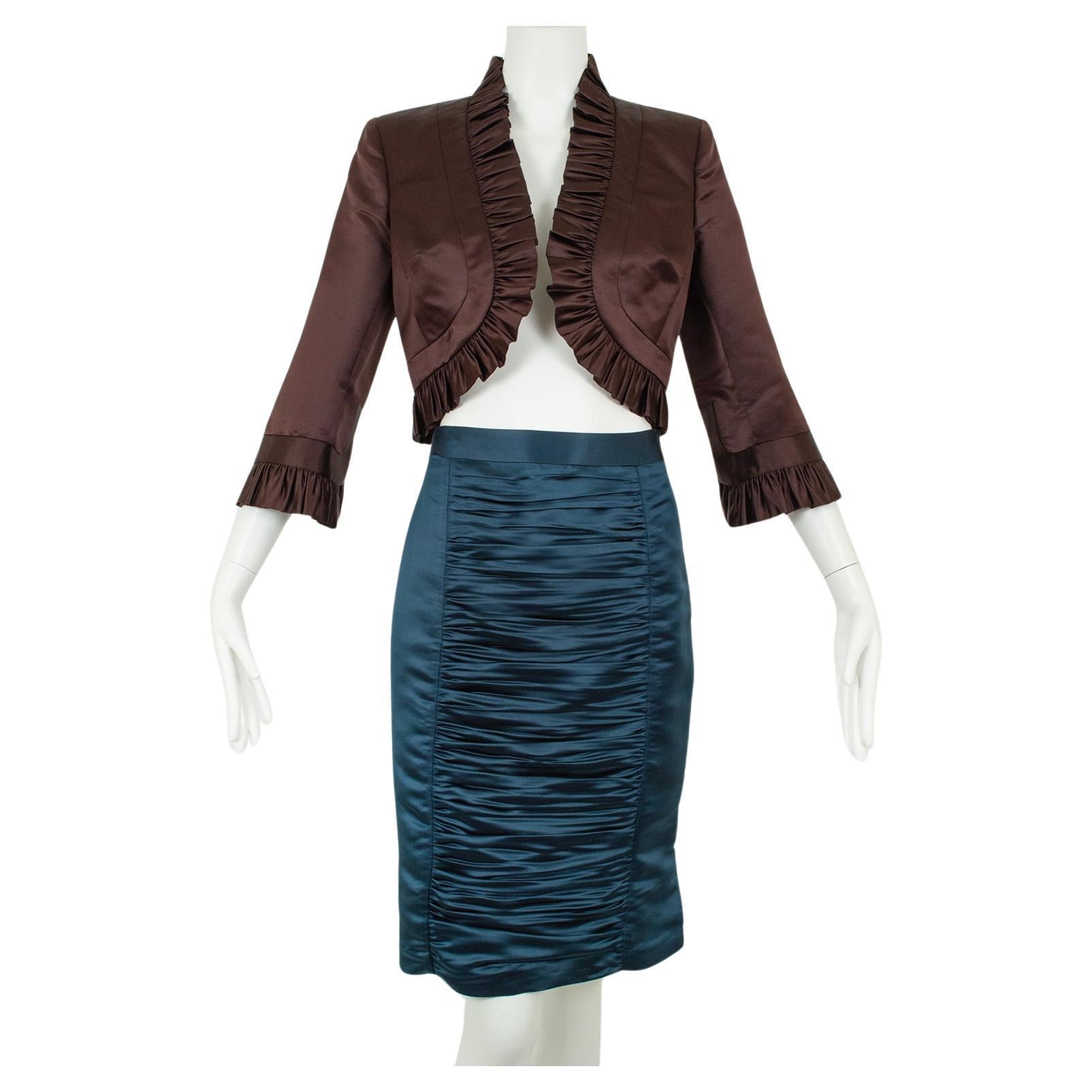 Milly Brown Satin Cone Bra Bolero und Petrol Ruched Pencil Skirt Anzug - XS, 2002 im Angebot
