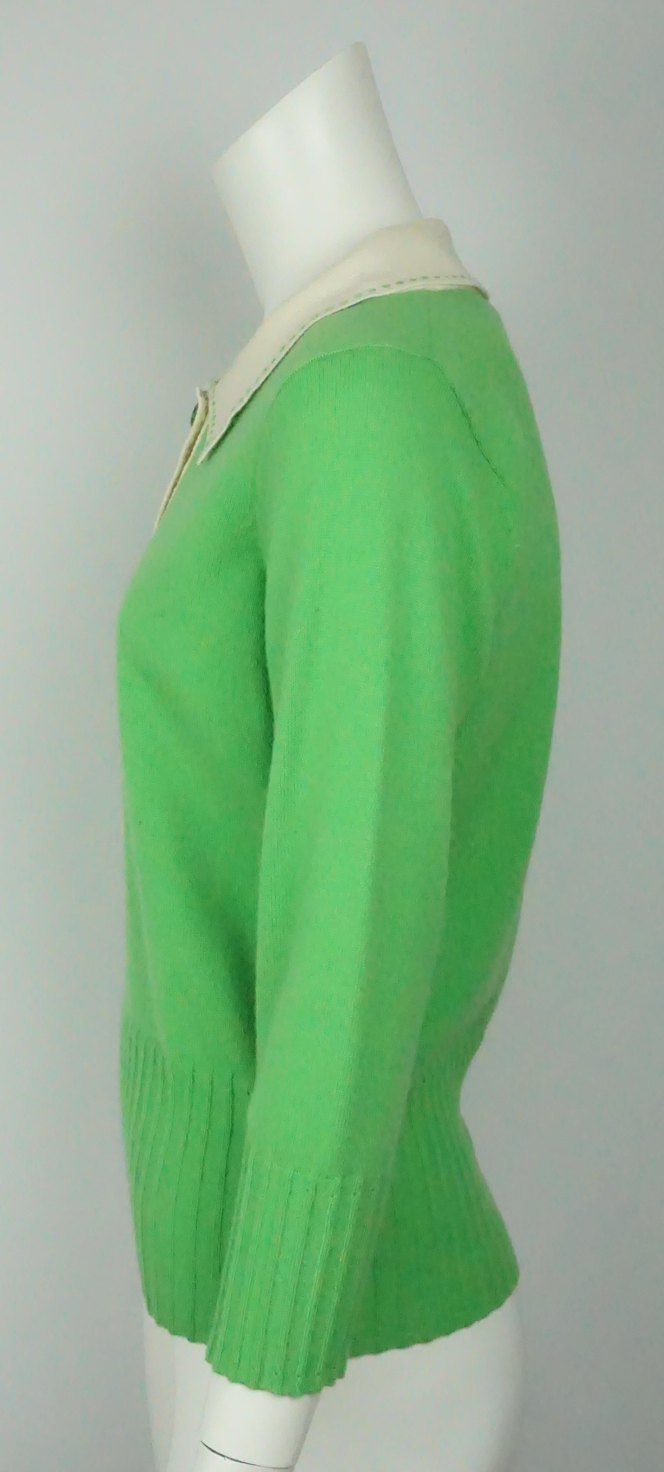 Milly Green & Ivory Sweater - Medium   This beautiful and classic sweater is in excellent condition. It is completely made of cashmere and has a 3/4 length sleeve. Around the neck there is an ivory colored collar that has green stitching on the