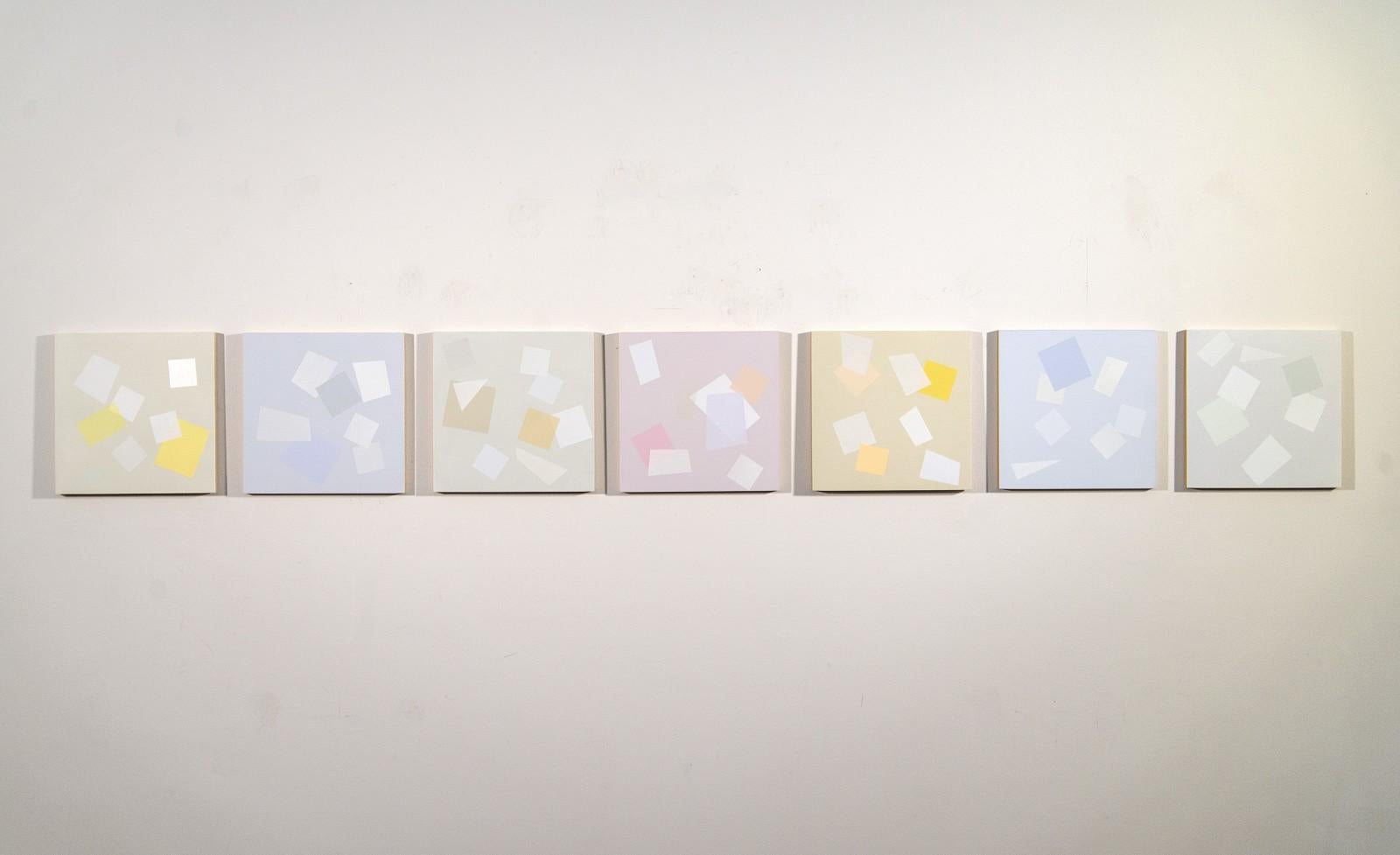 7 Pieces for Arvo Part - light, colourful, multiples, squares, acrylic on canvas - Painting by Milly Ristvedt