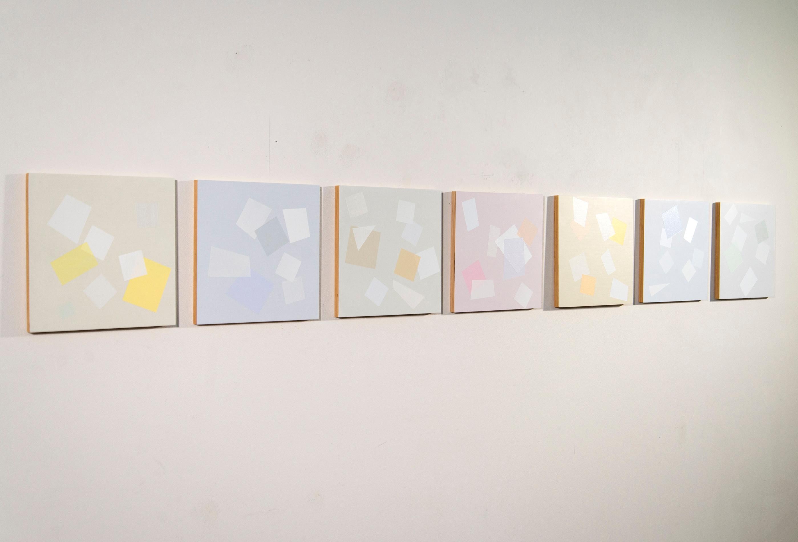 Milly Ristvedt named this lyrical abstract piece for Avro Part, the famous Estonian composer of classical and religious music. On seven panels precise geometric shapes in pastel colours—blue, pink, white and bright yellow appear to waltz around the