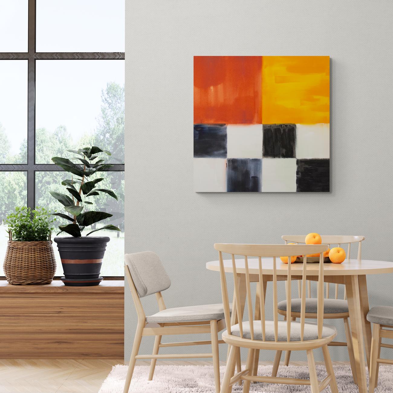 A grid of painterly black and white is balanced with large squares of fiery orange and gold each in this bold canvas by Milly Ristvedt. The edges of the squares pulse back and forth within the structured composition. 

Milly Ristvedt (b. 1942,