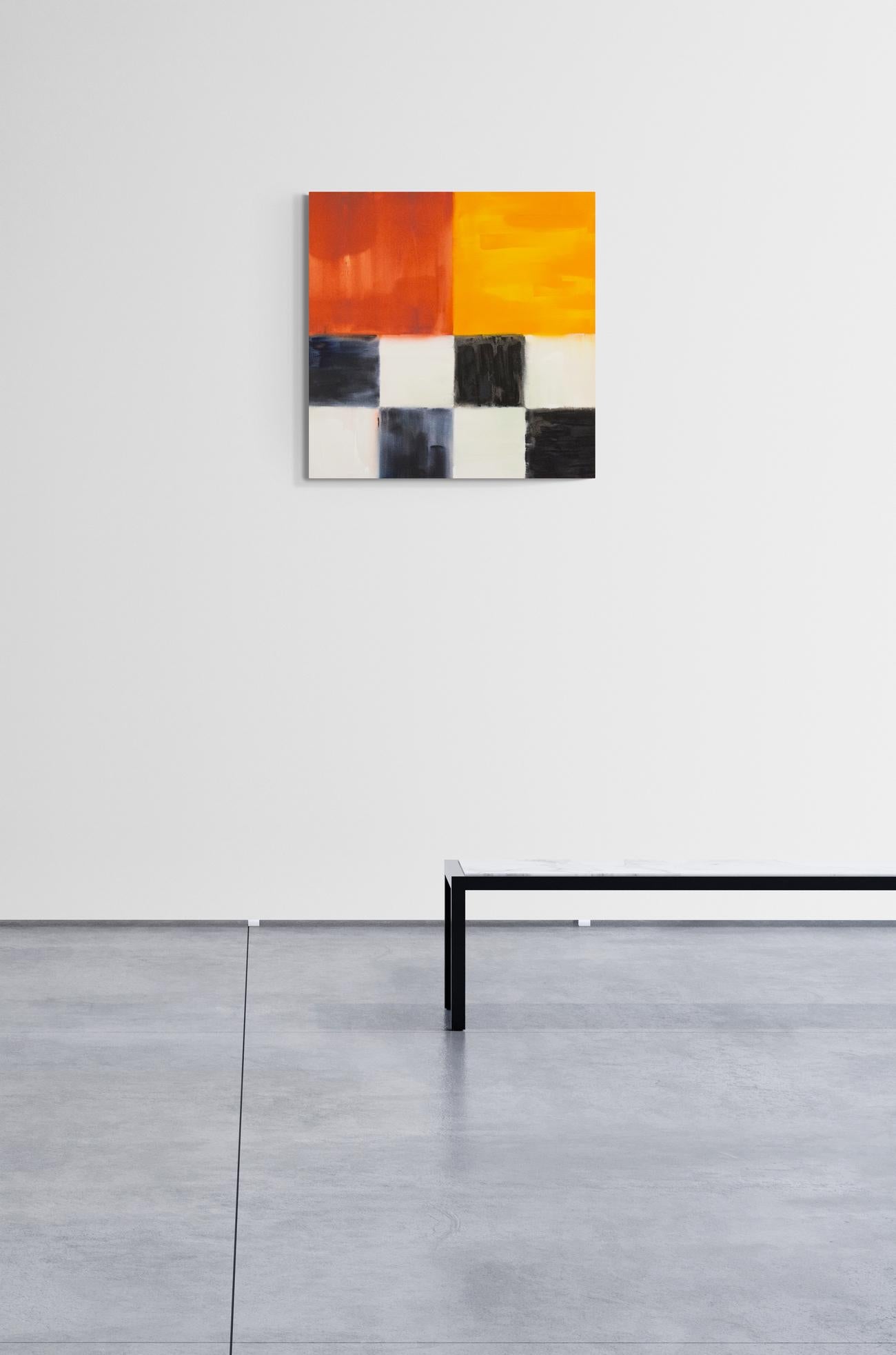 Act of Silence - grids of black, white, orange, red, abstract, acrylic on canvas For Sale 1