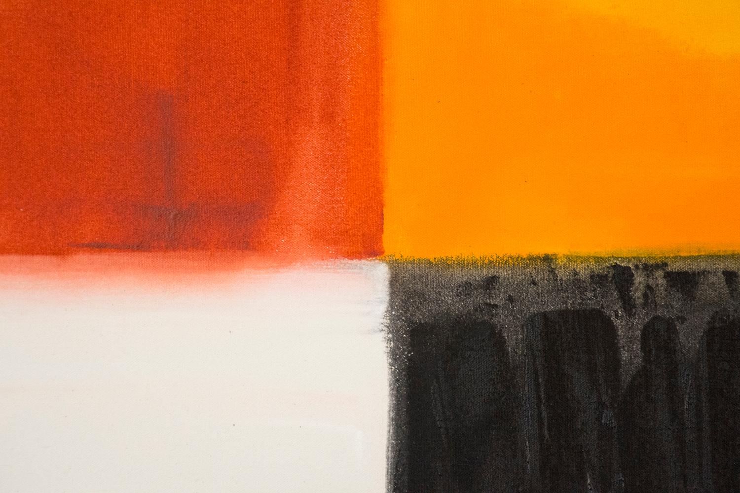 Una griglia di bianco e nero pittorico è bilanciata da grandi quadrati di arancione e oro in questa tela audace di Milly Ristvedt. I bordi dei quadrati pulsano avanti e indietro all'interno della composizione strutturata. 

Milly Ristvedt (nata nel
