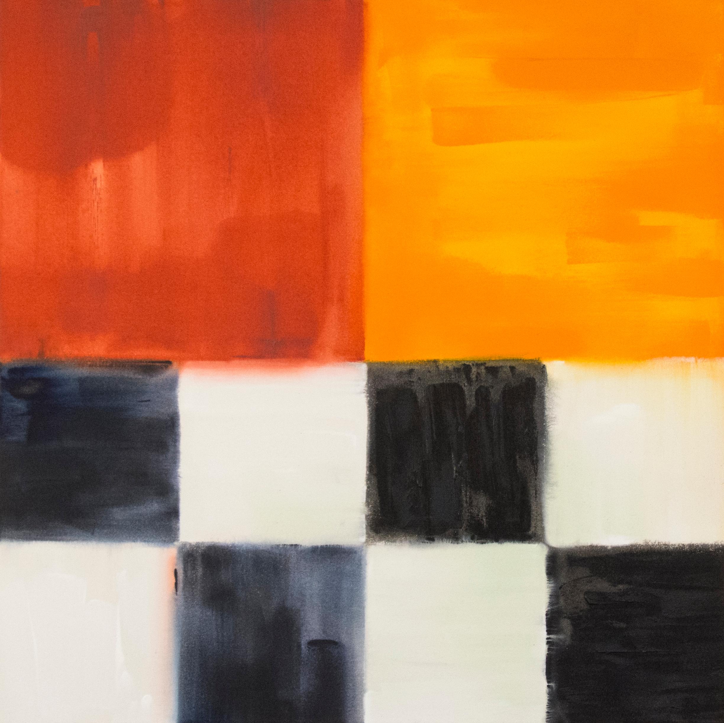 Act of Silence - grids of black, white, orange, red, abstract, acrylic on canvas - Painting by Milly Ristvedt
