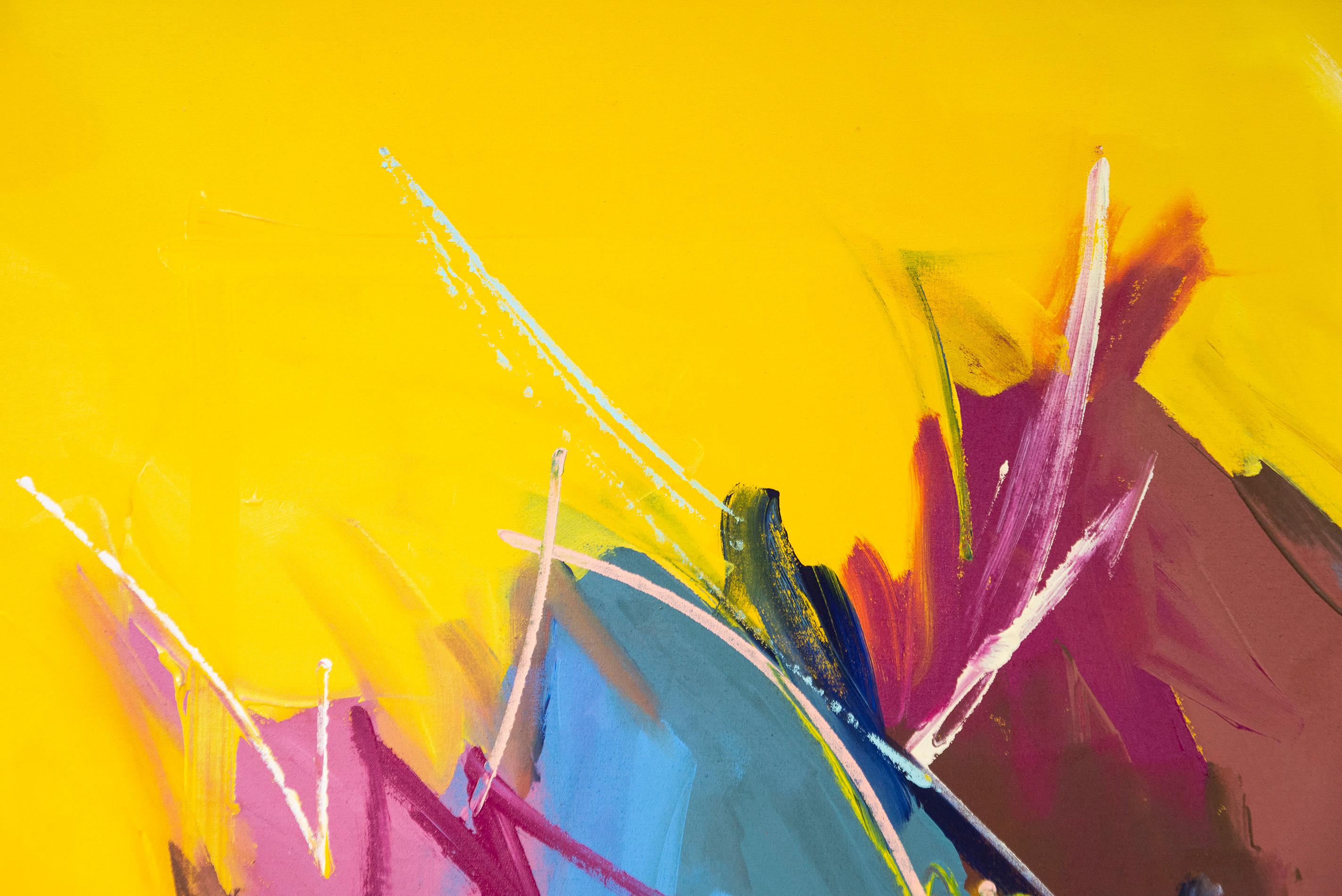 A tapestry of glorious colour meets the viewer’s eye in this gorgeous abstract work by Milly Ristvedt. The master colourist uses bright yellow as a brilliant backdrop to a cloud of gestural swatches of red, pink, blue, brown, black, purple and