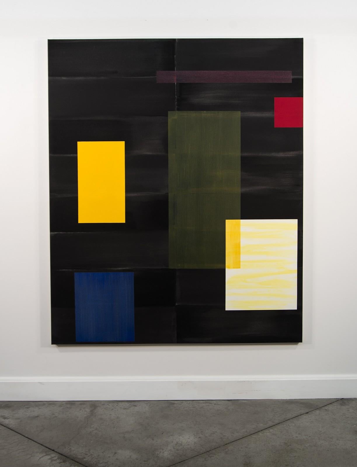A narrative of hard edged orthogonal shapes in sapphire blue, bright yellow and crimson unfolds across a background grid of washed charcoal black rectangles. The black ground is made more powerful by the size of the six foot tall canvas and yet is