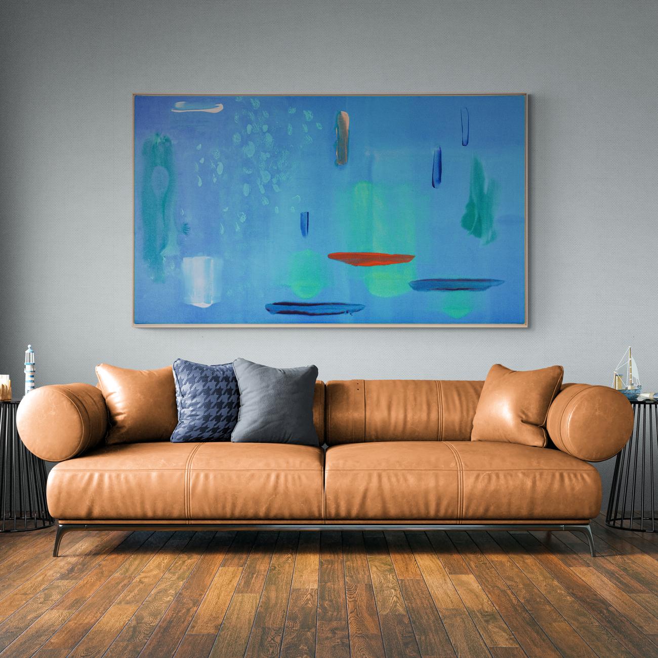 Blue Lagoon - large, colourful, modernist, gestural abstract, acrylic on canvas For Sale 6