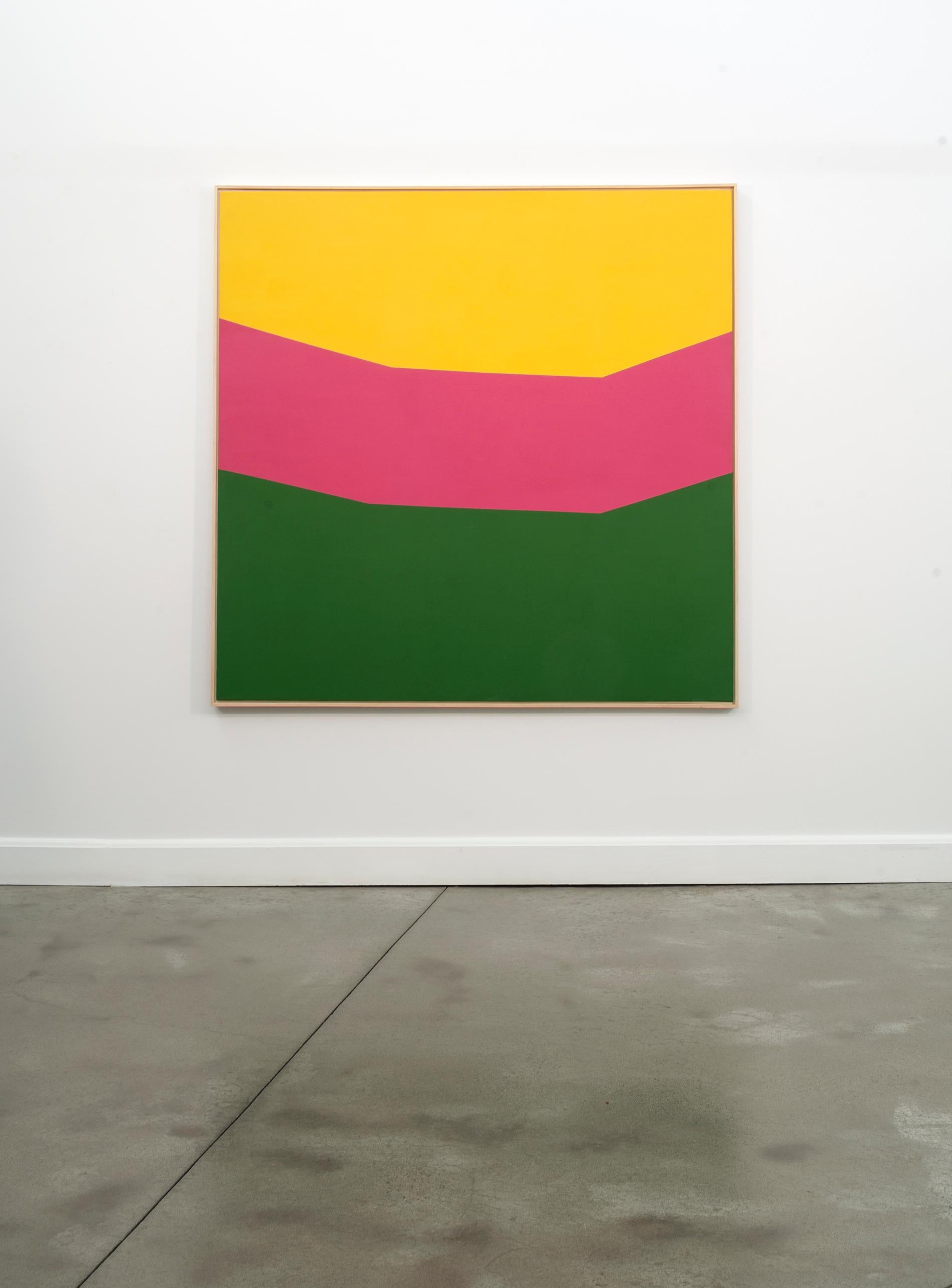 The power of pure colour and minimal form on raw canvas. This is Milly Ristvedt.
Three rows of gently curved horizontal bands of colour—golden yellow, hot pink and green create a striking composition. A master colourist, Ristvedt’s career as a
