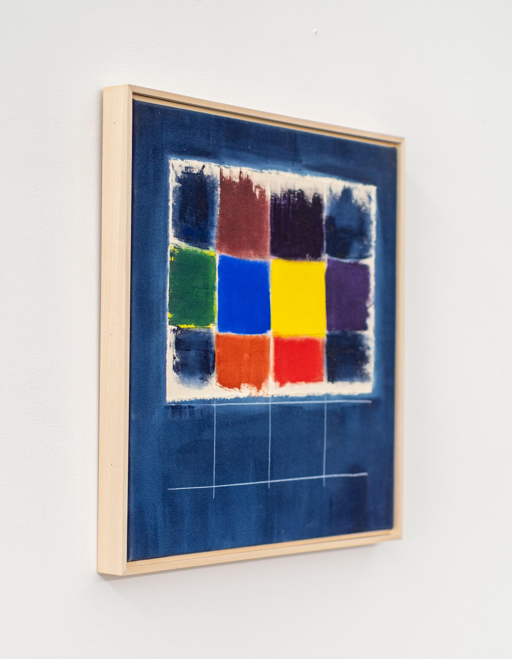 Questo quadro astratto a griglia blu, giallo e rosso è opera di Milly Ristvedt. Milly Ristvedt ha esplorato a suo modo il mondo apparentemente senza limiti del colore e della forma astratta. Conosciuta per il suo uso intuitivo del colore, negli anni