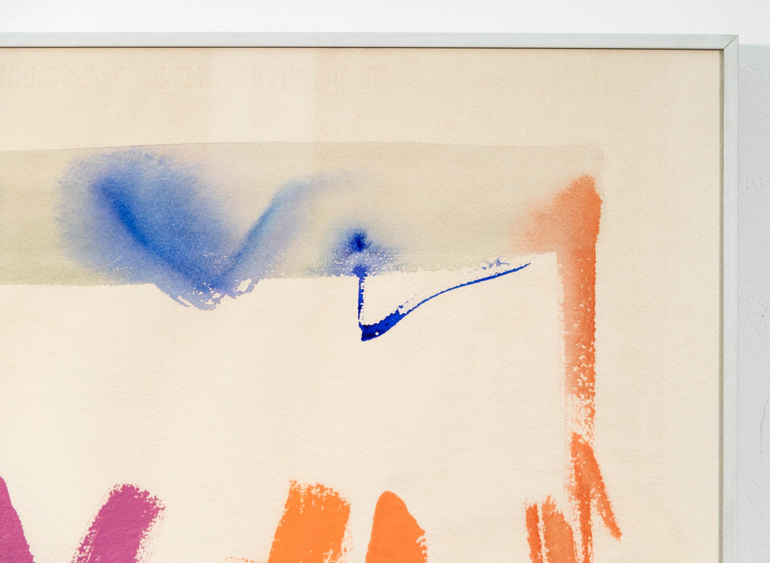 In diesem ausdrucksstarken, farbenfrohen abstrakten Bild von Milly Ristvedt scheint eine Melange von Komplementärfarben über das Papier zu tanzen. Ristvedt ist eine meisterhafte Koloristin, und dieses Gemälde aus den siebziger Jahren zeigt ihr