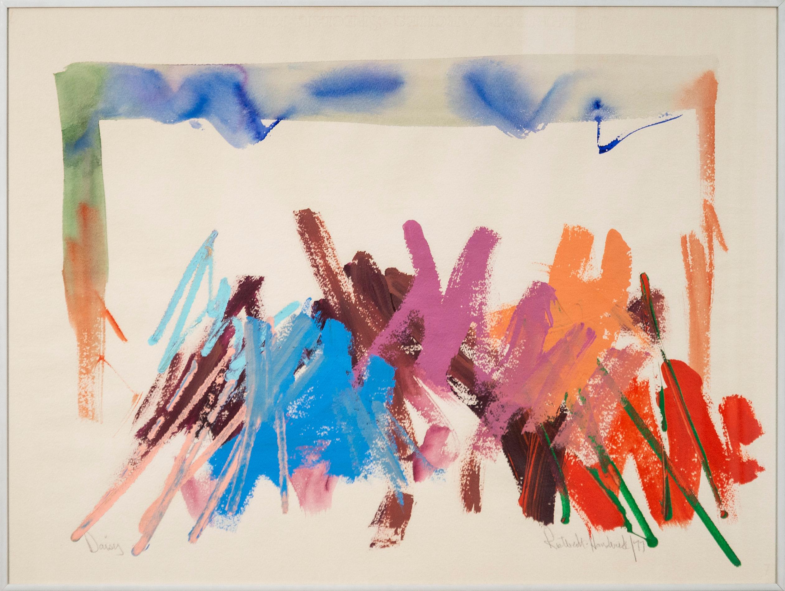 Gänseblümchen – leuchtend, farbenfroh, ausdrucksstark, gestisch abstrakt, Acryl auf Papier – Painting von Milly Ristvedt