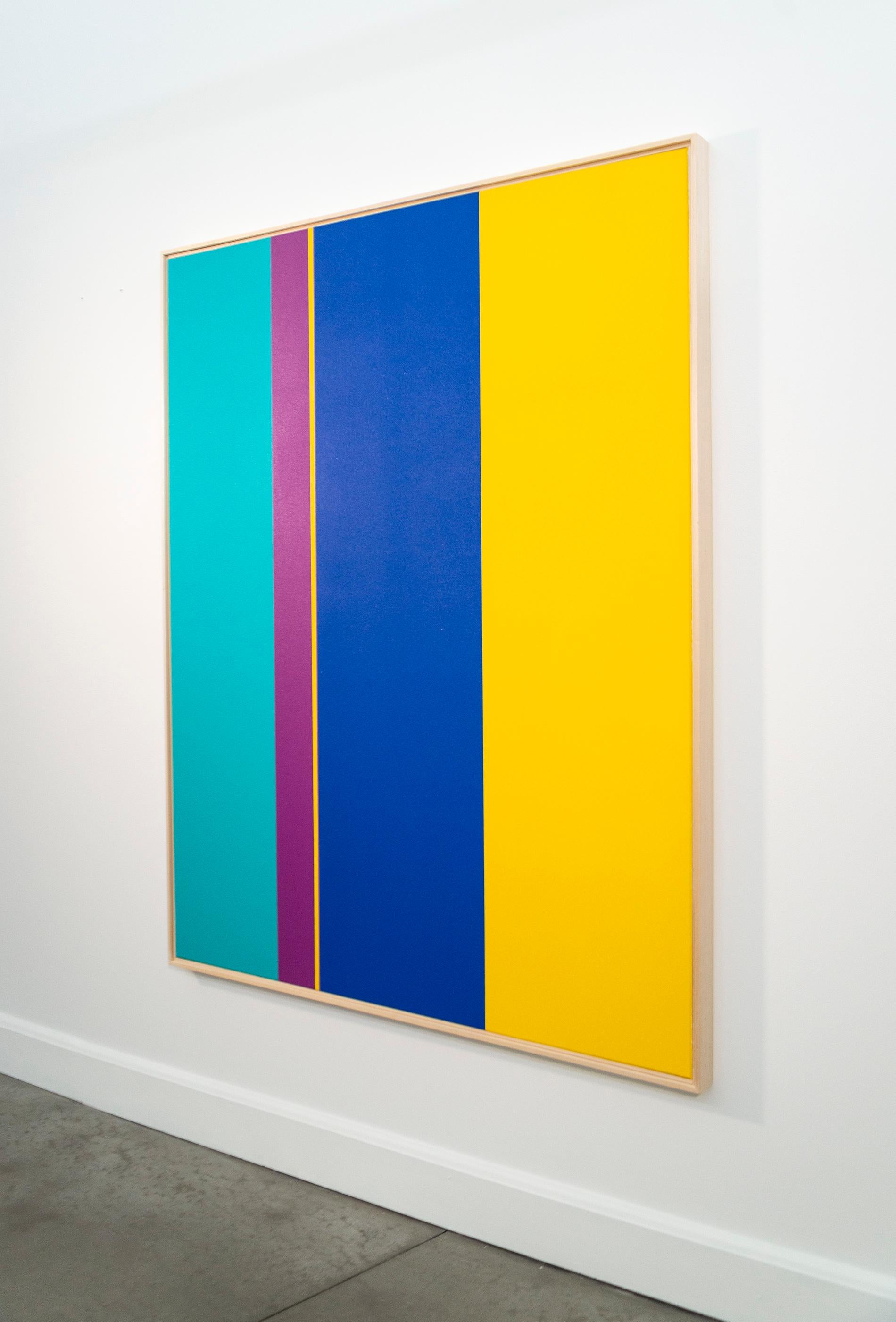 In diesem dynamischen neuen Werk von Milly Ritsvedt ziehen sich kühne vertikale Bänder aus reiner Farbe über die gesamte Länge des Bildes. Wie immer ist Ristvedts Farbwahl in diesem kantigen Werk meisterhaft - Türkis, tiefes Pink, Blau und