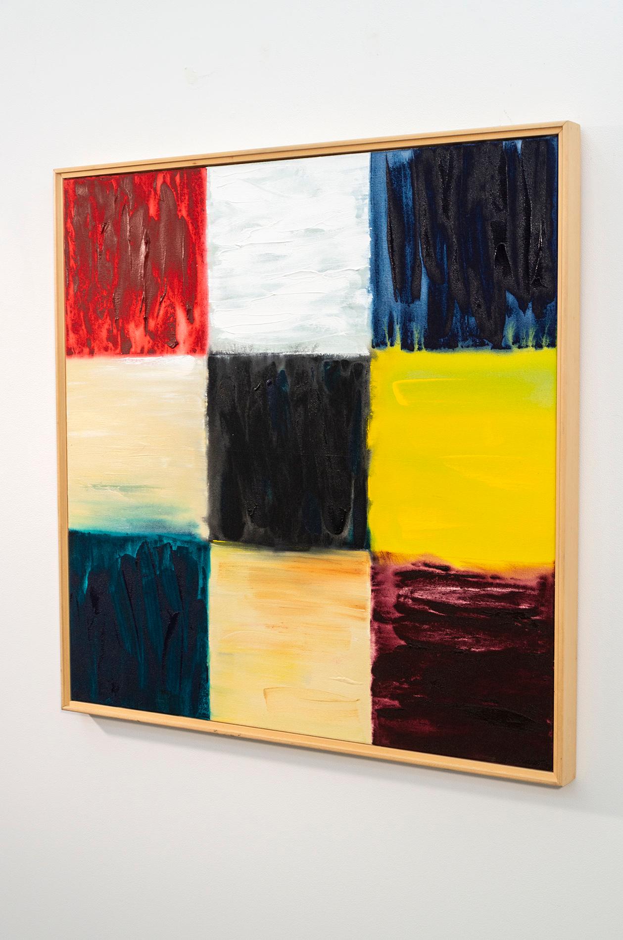 Una scacchiera di colori dinamici: quest'opera astratta della maestra colorista Milly Ristvedt coinvolge immediatamente lo spettatore. Un classico motivo a griglia accentua il gioco di colori chiari e scuri: nero, blu, rosso, melanzana e bianco,