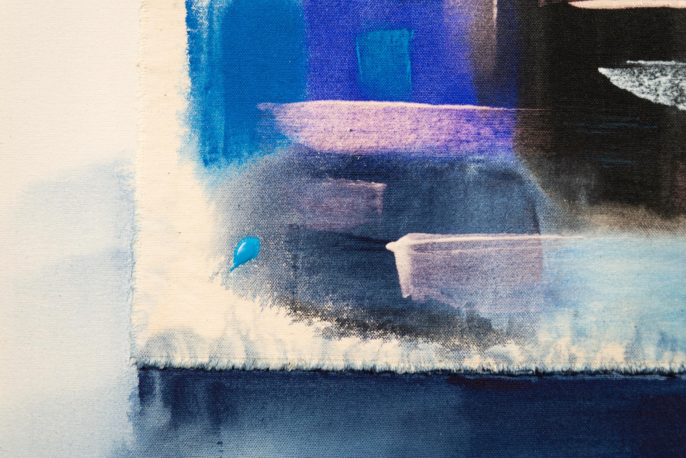 This expressive abstract by Milly Ristvedt bordered and rendered in shades of blue—from darkest navy to turquoise and bright royal blue pops against the white canvas. The palette is both cool and modern. Generous brushstrokes of pale pink and purple