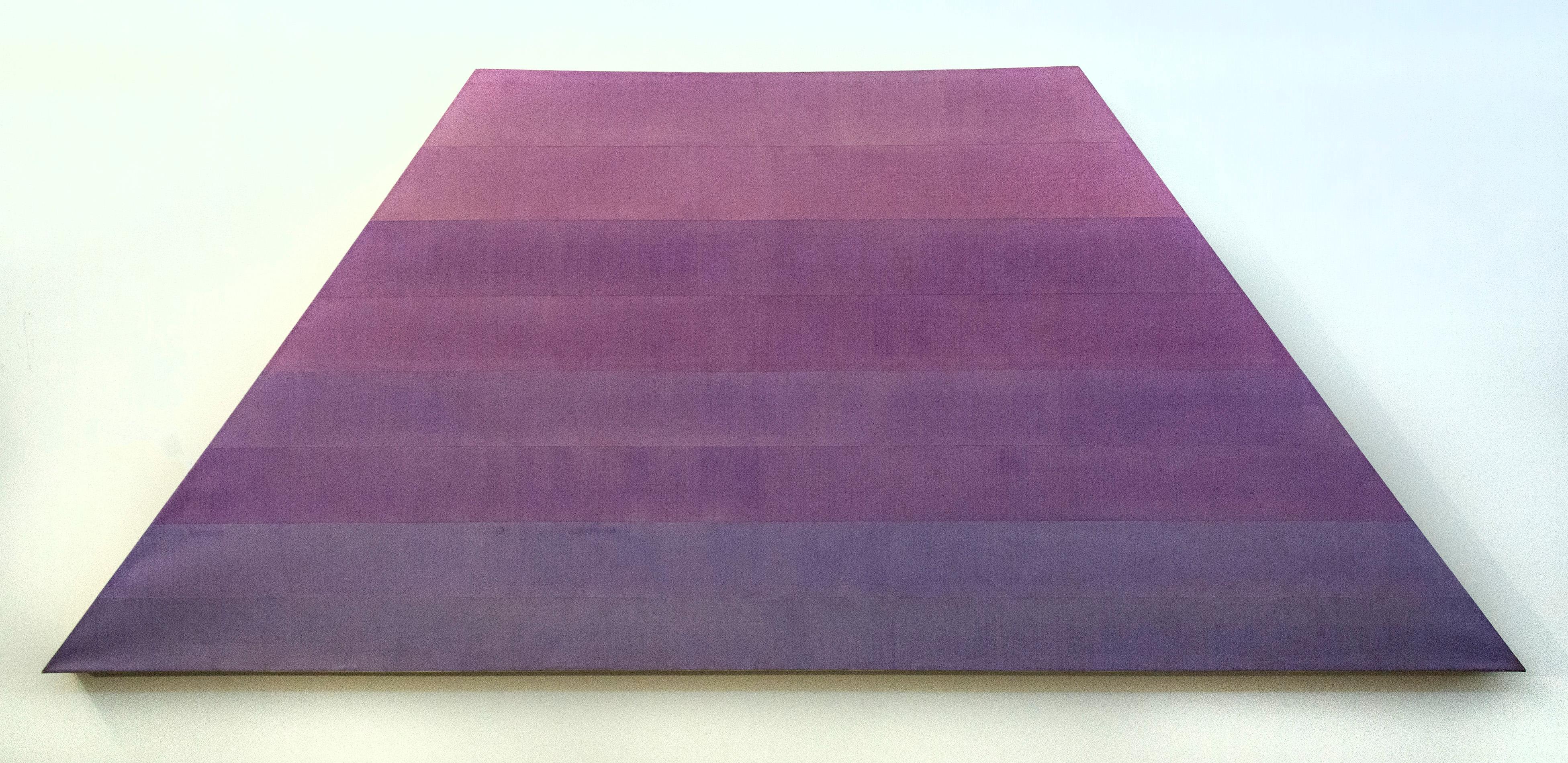 Glide - large, purple, pink, hues, striped, abstract, acrylic on shaped canvas - Painting by Milly Ristvedt