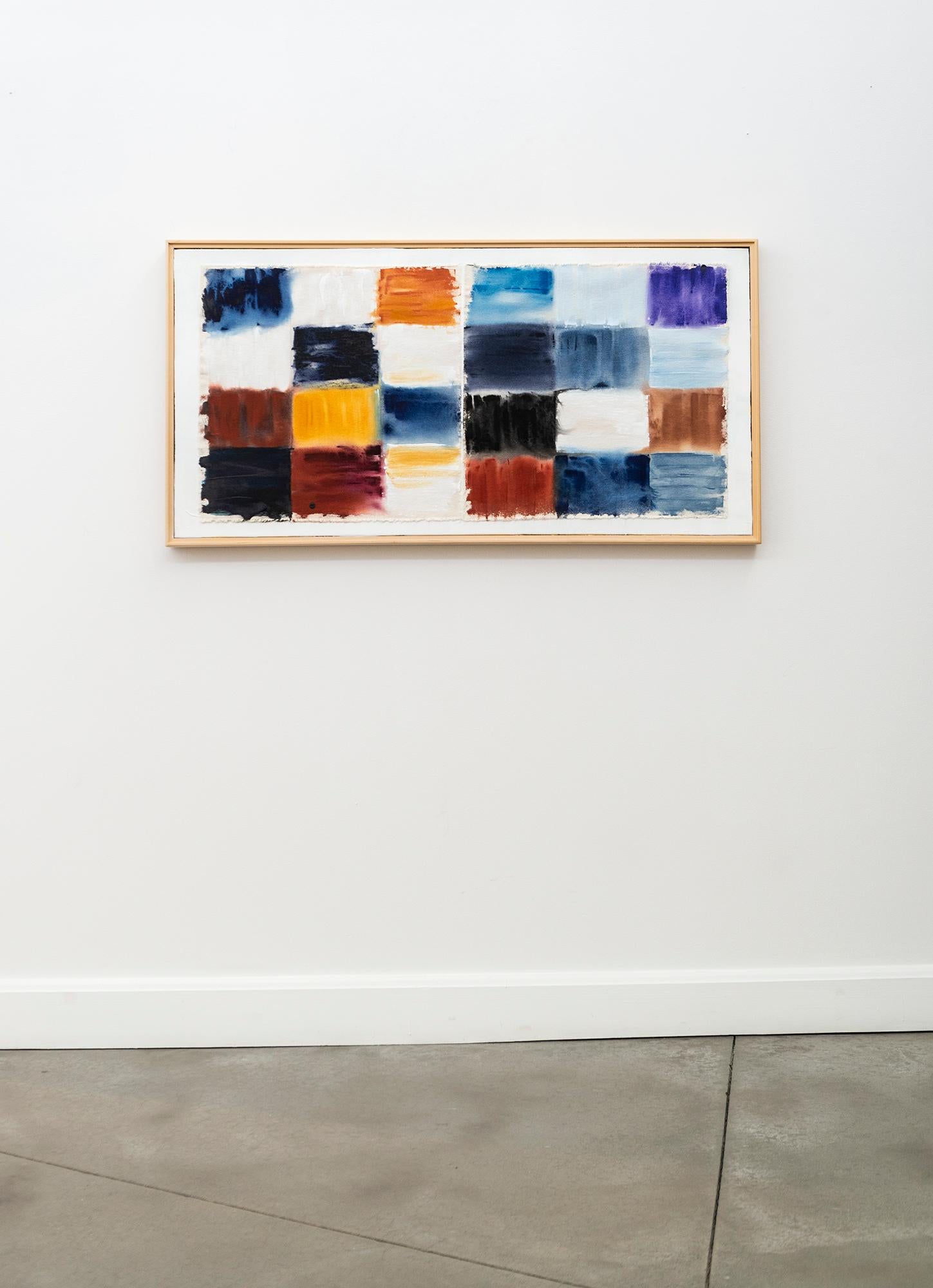 Grid Notes - blu, arancione, marrone, contemporaneo, astratto, acrilico su tela - Painting Astratto di Milly Ristvedt
