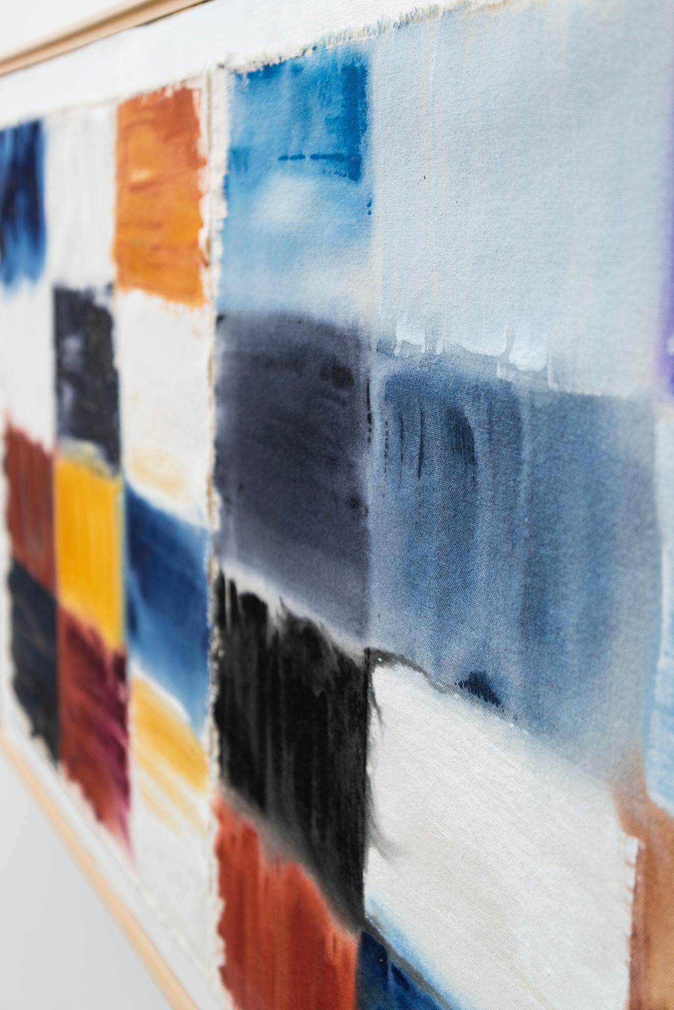 Grid Notes - blu, arancione, marrone, contemporaneo, astratto, acrilico su tela in vendita 6
