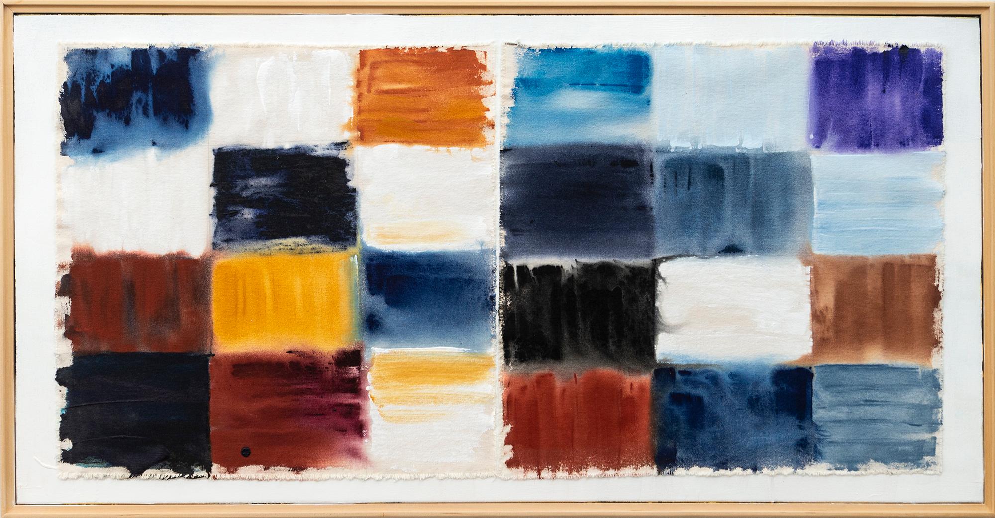 Grid Notes - blu, arancione, marrone, contemporaneo, astratto, acrilico su tela - Painting di Milly Ristvedt