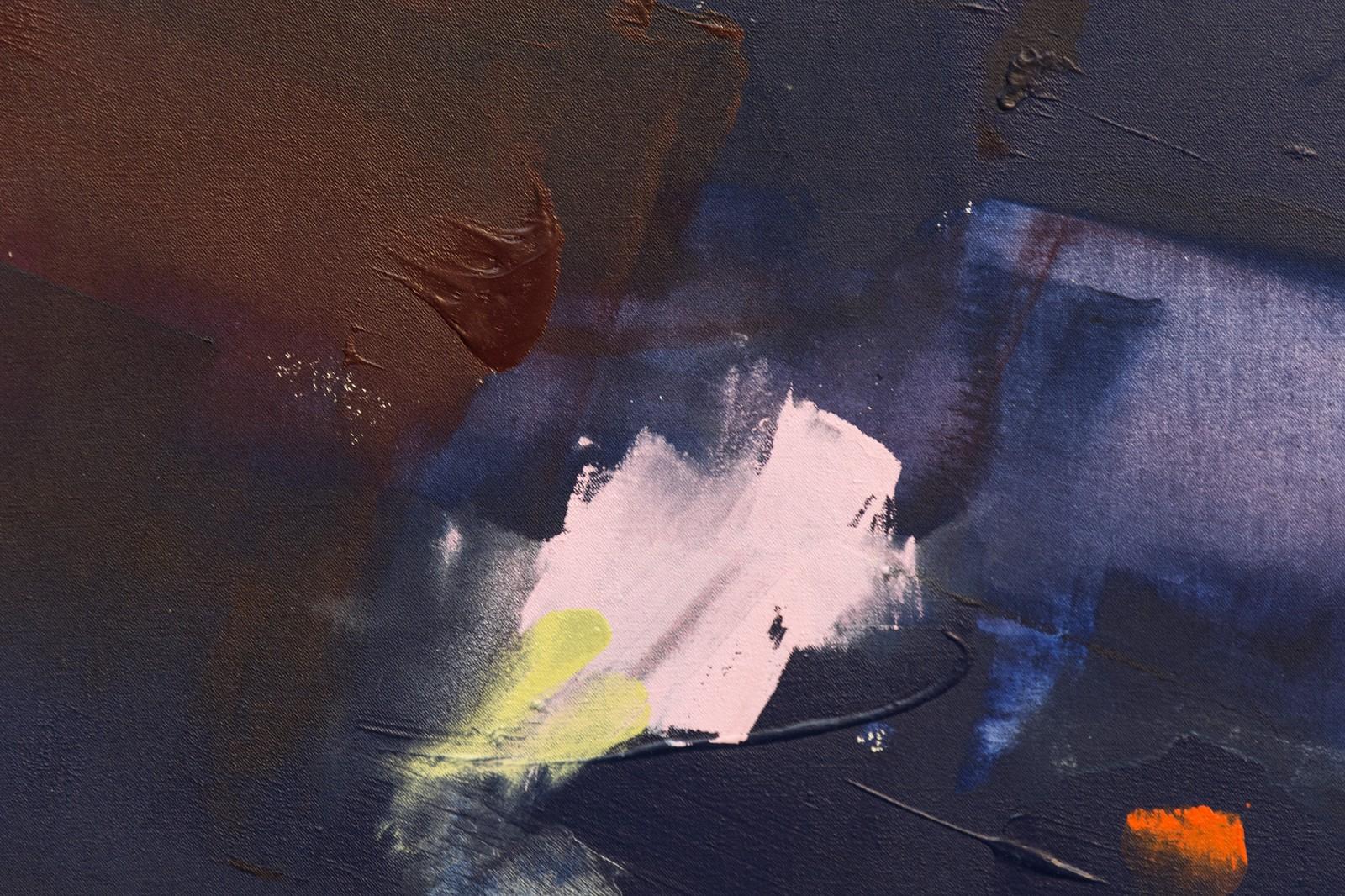 Kopfkopf Spin - Dunkle Farbtöne mit Akzenten in Hellblau, Grün, Türkis und Rosa (Zeitgenössisch), Painting, von Milly Ristvedt