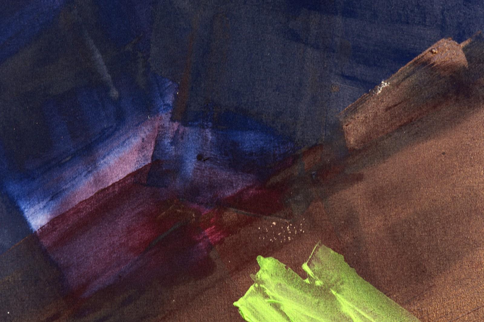 Kopfkopf Spin - Dunkle Farbtöne mit Akzenten in Hellblau, Grün, Türkis und Rosa (Schwarz), Abstract Painting, von Milly Ristvedt