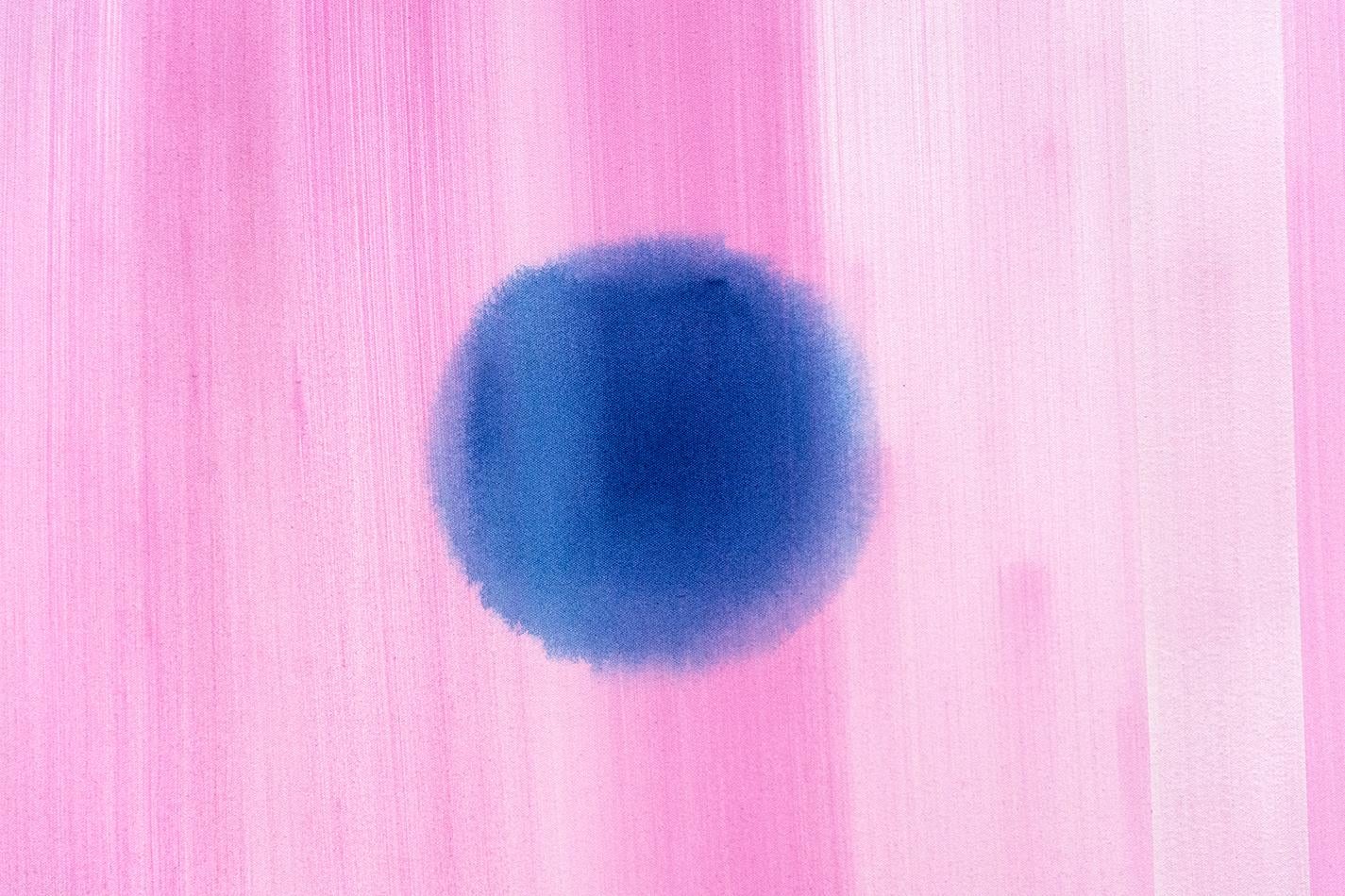 Milly Ristvedt explores the emotional potential of color and form -- spheres of turquoise and sapphire blue float in a sea of vibrant mauve. A band of light pink divides the canvas reasserting the nature of the picture plane in this masterful