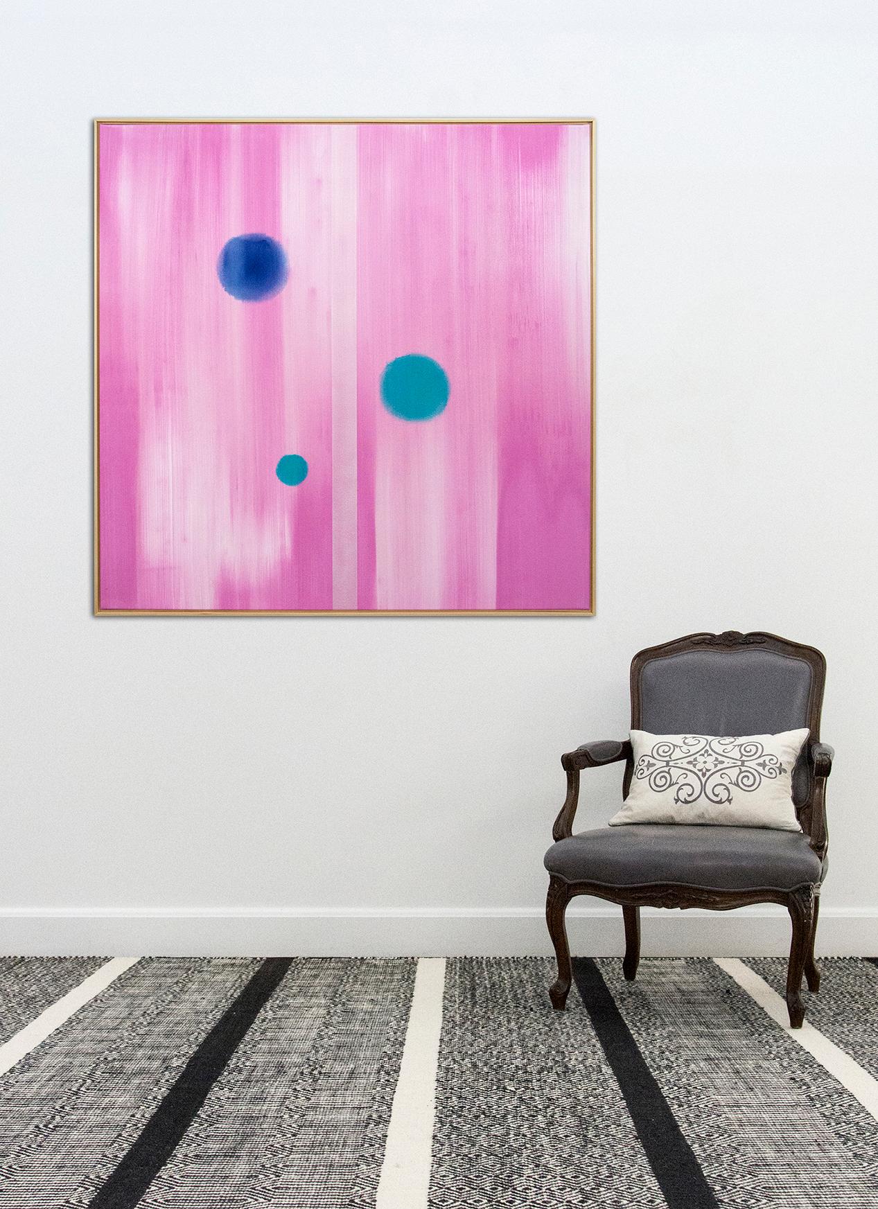 In Other Worlds - pink, navy blue and turquoise abstraction, acrylic on canvas For Sale 3