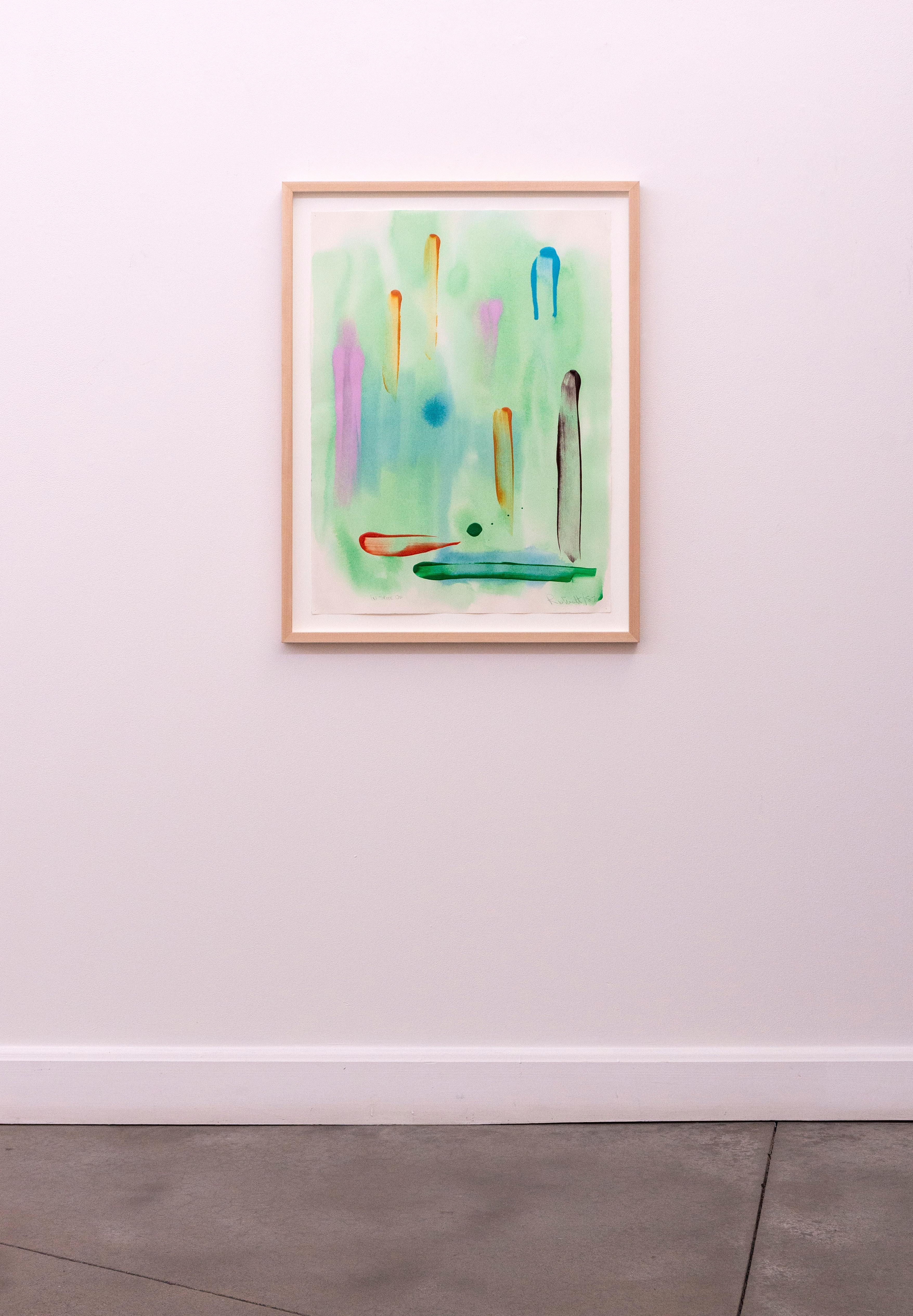 Questo colorato dipinto astratto su carta di Milly Ritsvedt ha uno sfondo verde.

Negli anni '80, il percorso artistico di Milly Ristvedt continua ad abbracciare il colore e la forma astratta come linguaggio visivo. Ma le forme erano ormai ridotte