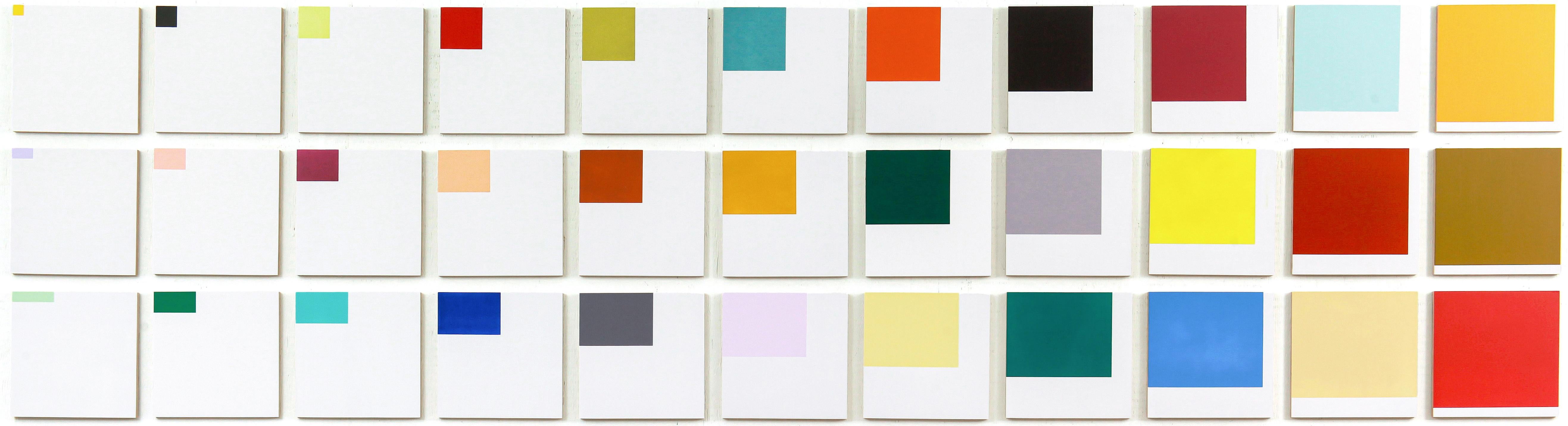 Increments - farbenfrohe, großformatige Anordnung, kleine Quadrate, Acryl auf Tafeln (Abstrakt), Painting, von Milly Ristvedt