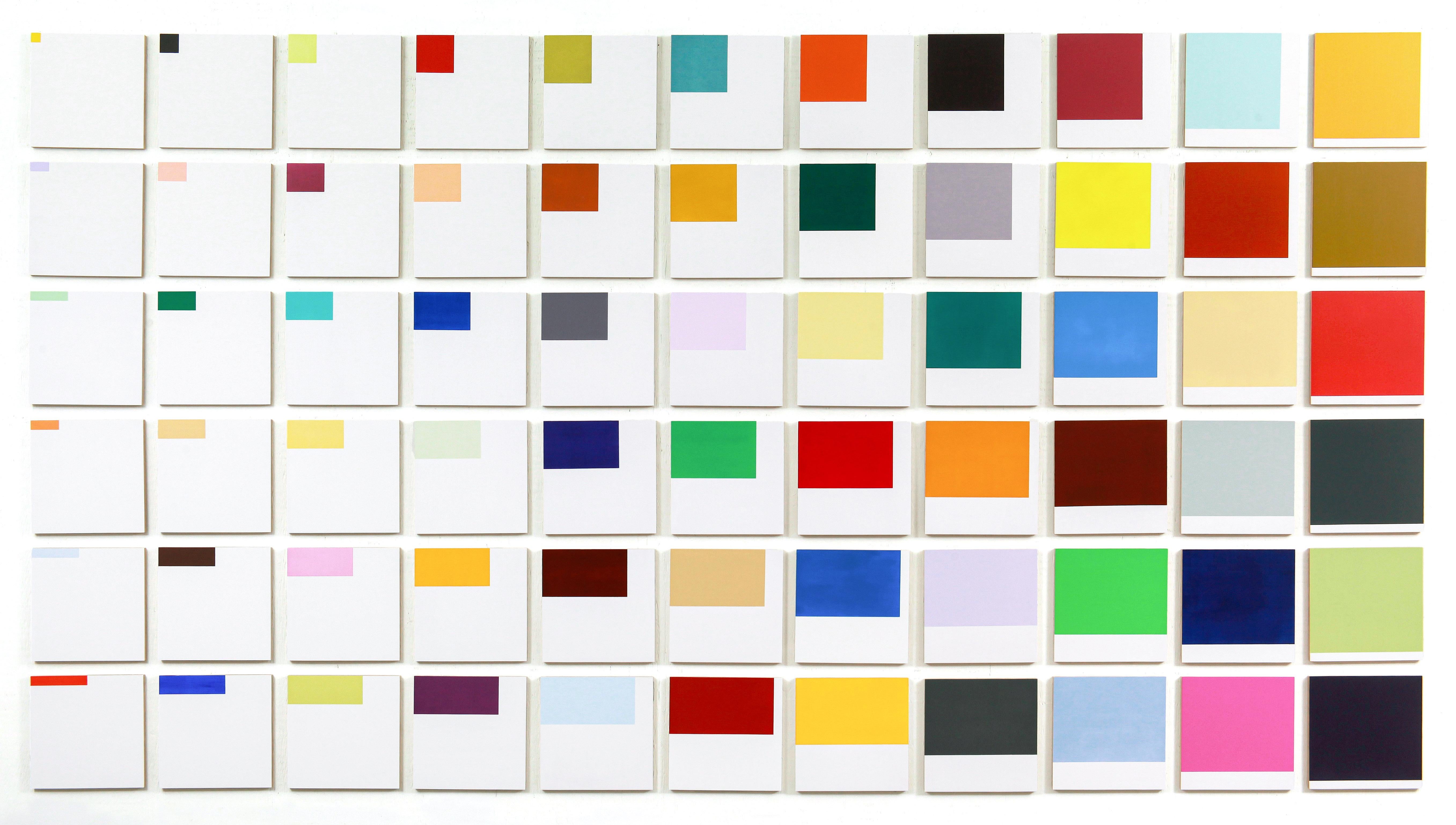 Increments - farbenfrohe, großformatige Anordnung, kleine Quadrate, Acryl auf Tafeln – Painting von Milly Ristvedt