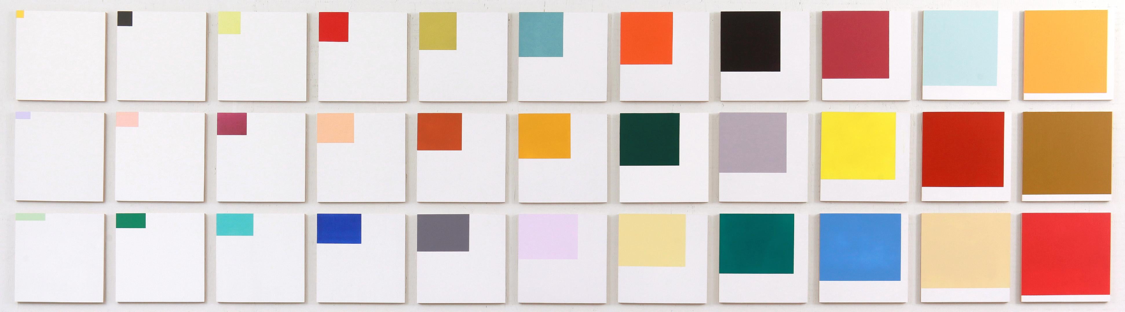 Erwähnungen – farbenfrohe, großformatige Anordnung, kleine Quadrate, Acryl auf Tafeln – Painting von Milly Ristvedt