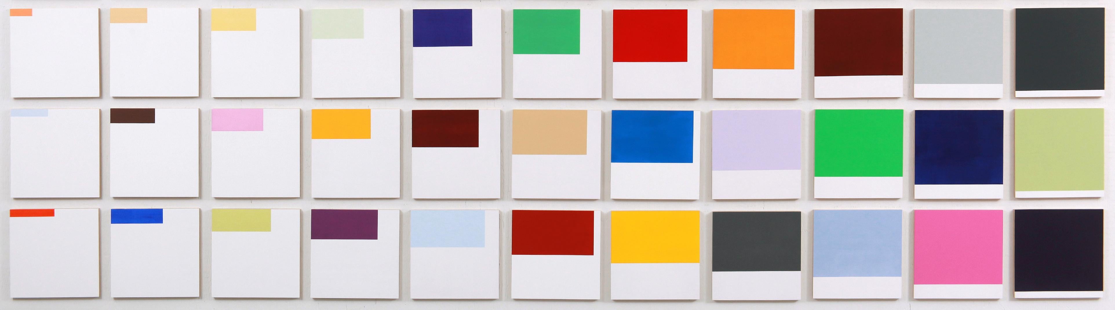 Erwähnungen – farbenfrohe, großformatige Anordnung, kleine Quadrate, Acryl auf Tafeln (Abstrakt), Painting, von Milly Ristvedt
